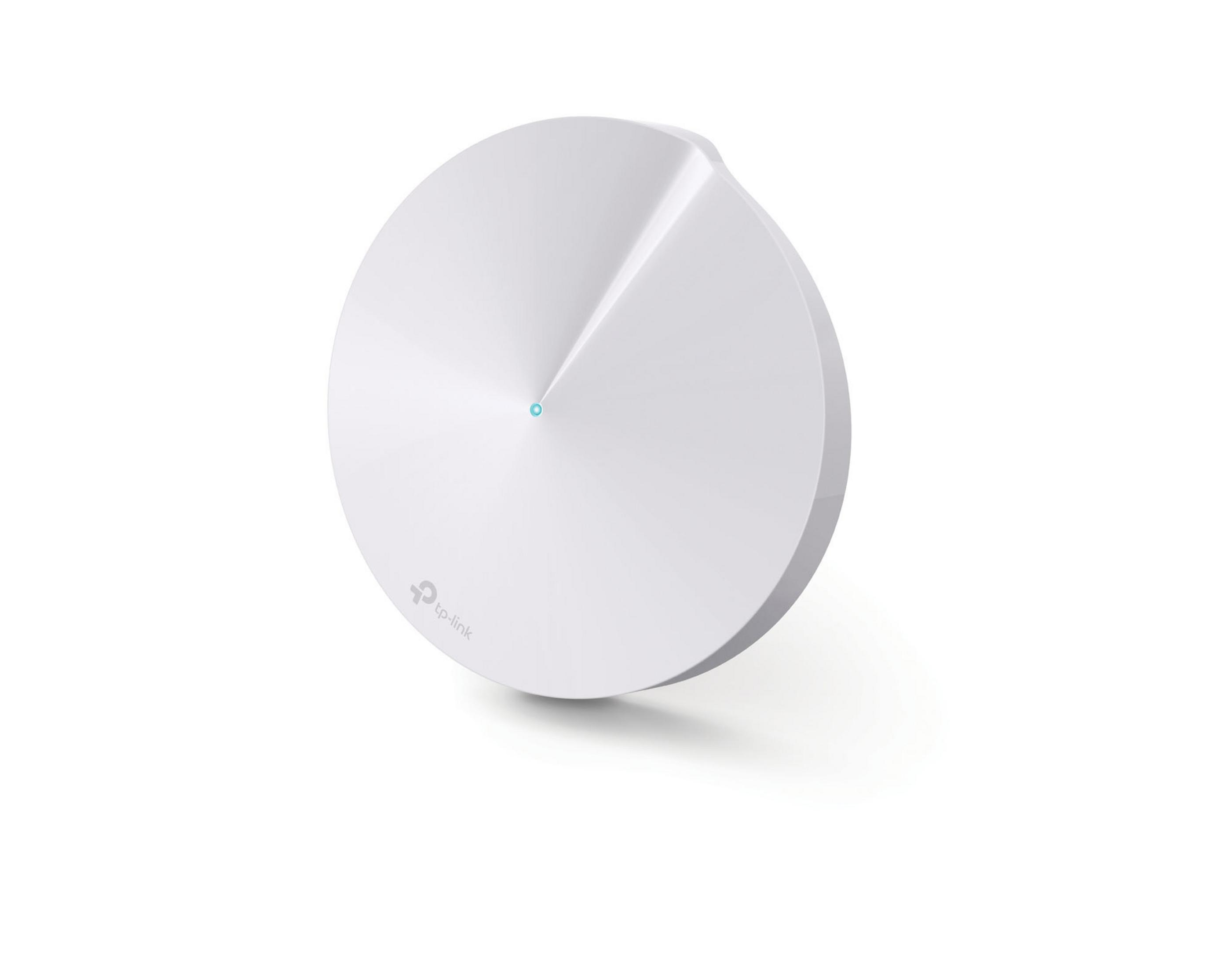 Białe urządzenie WiFi TP-Link Deco mesh, okrągły kształt, z niebieskim światłem na białej powierzchni.