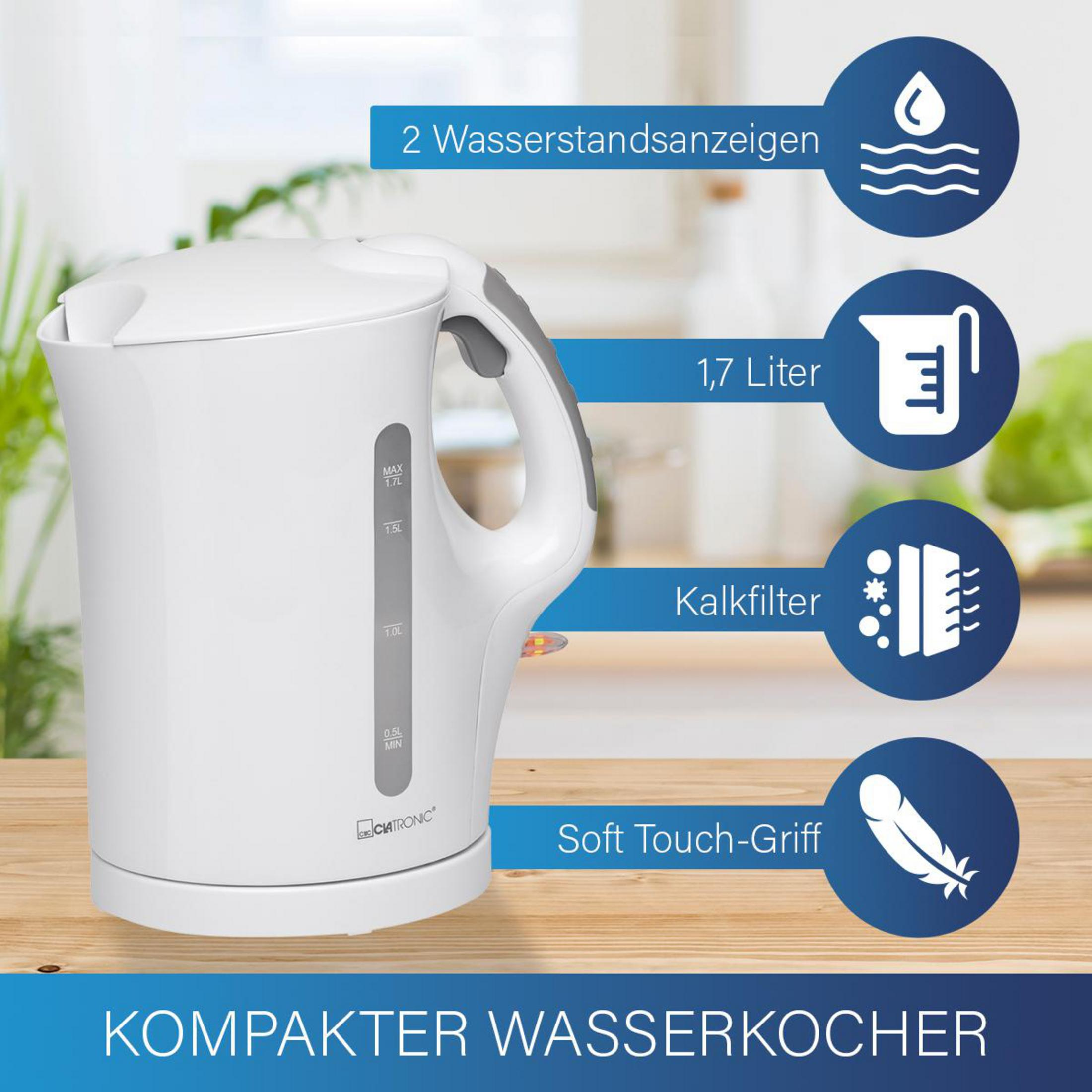 Weißer Wasserkocher mit grauem Griff, Wasserstandsanzeigen und blauen Infografiken auf Holzoberfläche.