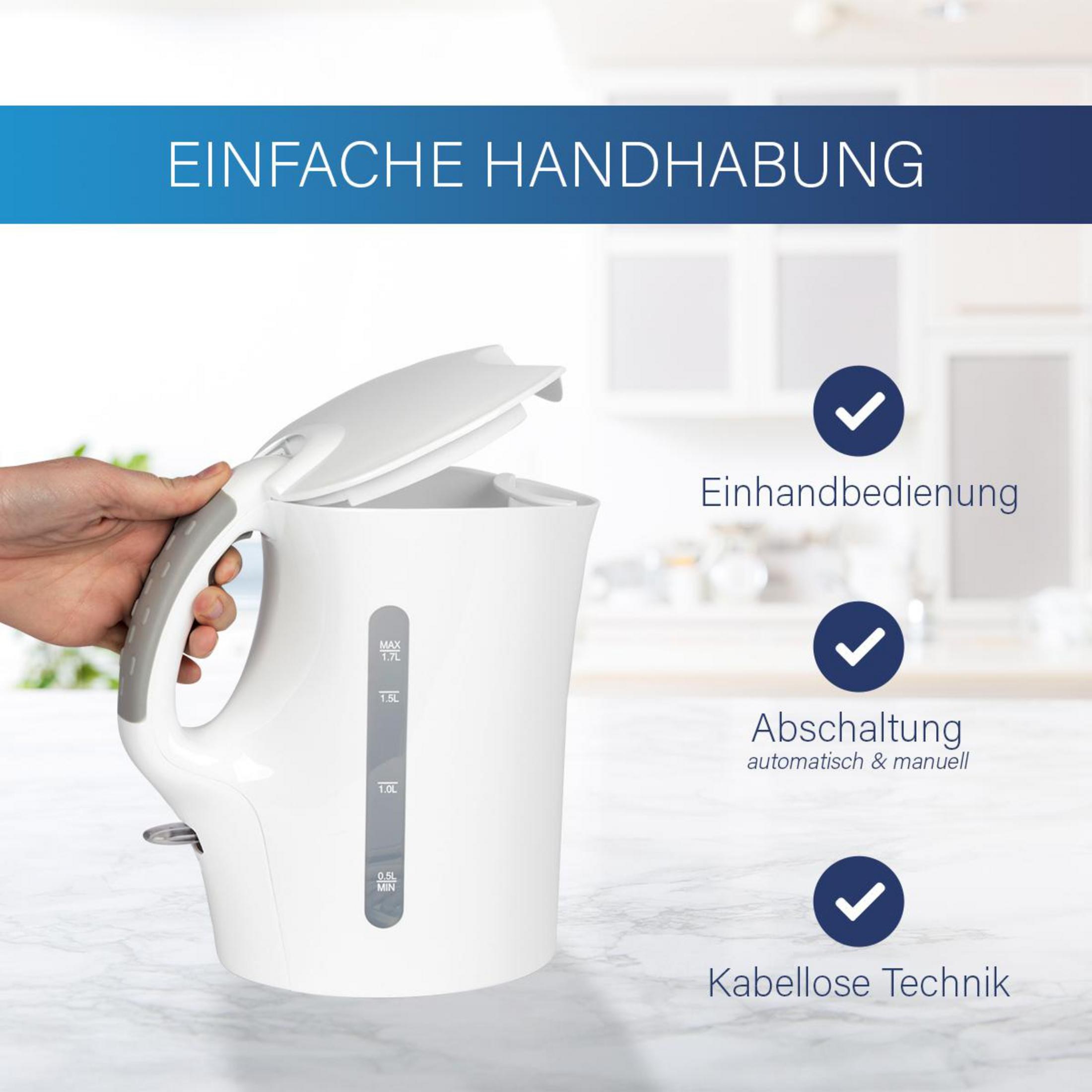 Weißer Wasserkocher mit offenem Deckel. Zeigt Funktionen mit Häkchen und Text. Weißer Hintergrund.