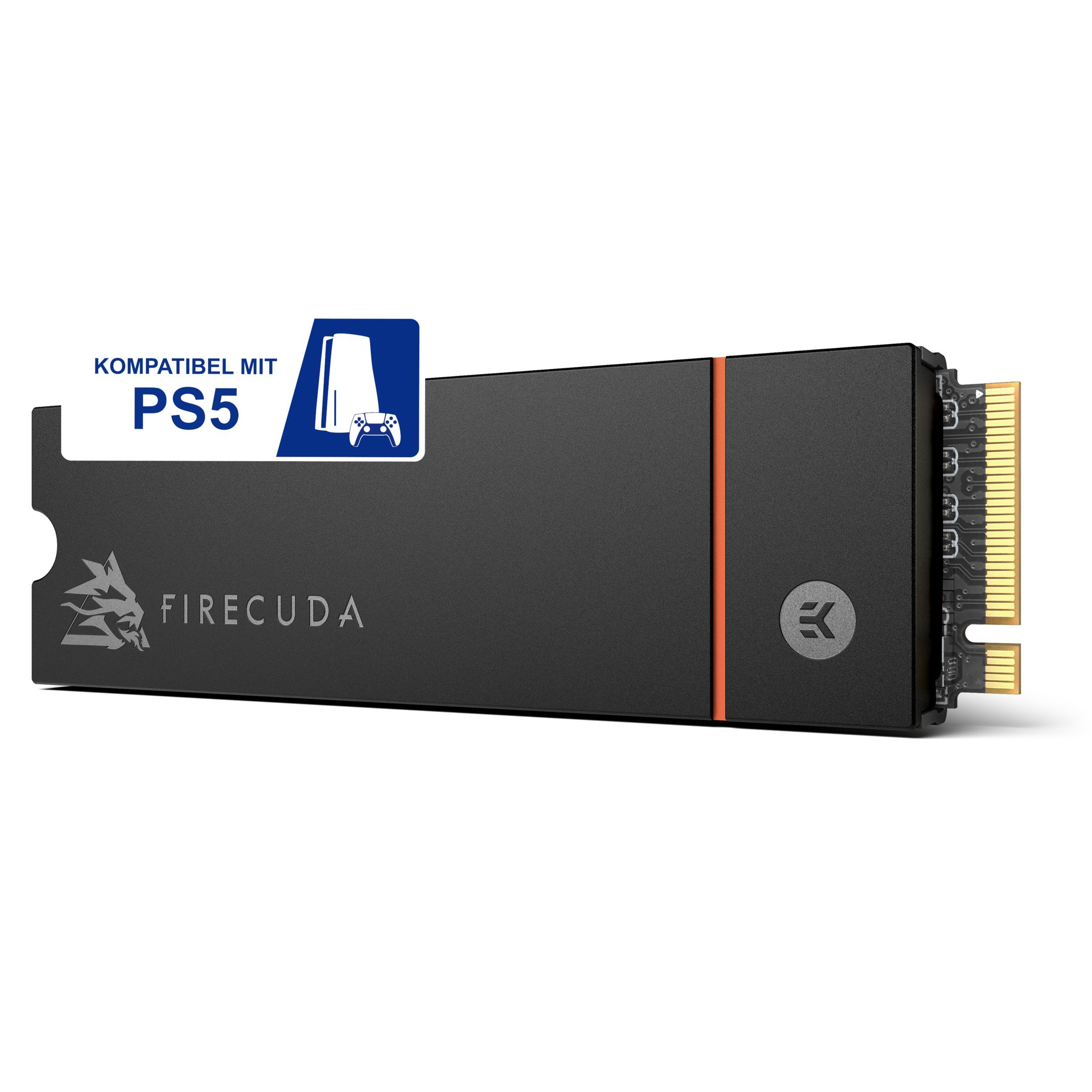 Czarny dysk SSD z pomarańczowym paskiem, etykieta kompatybilna z PS5. Logo Firecuda po lewej.