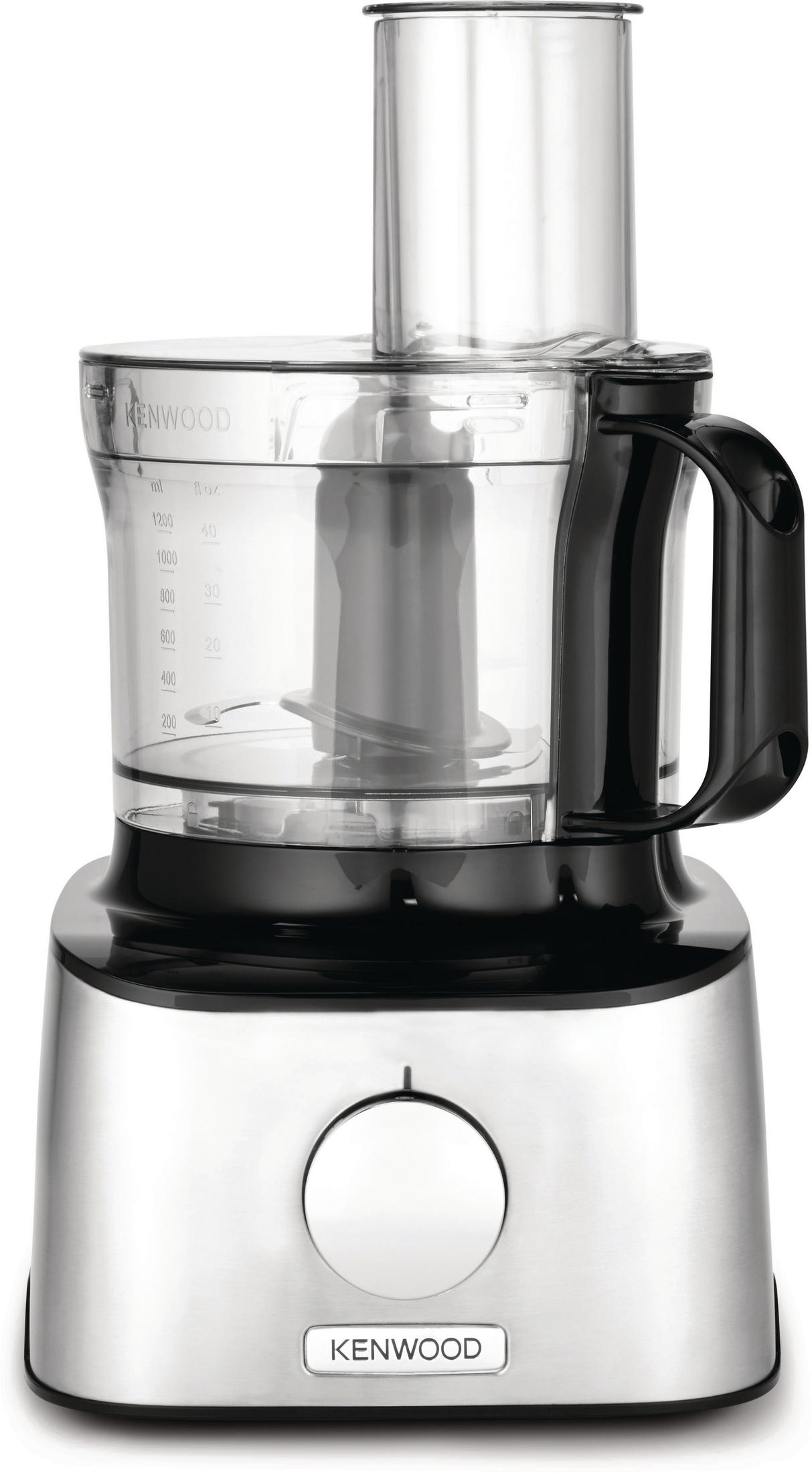 Kenwood food processor, silver base, black handle, clear bowl, and clear top.