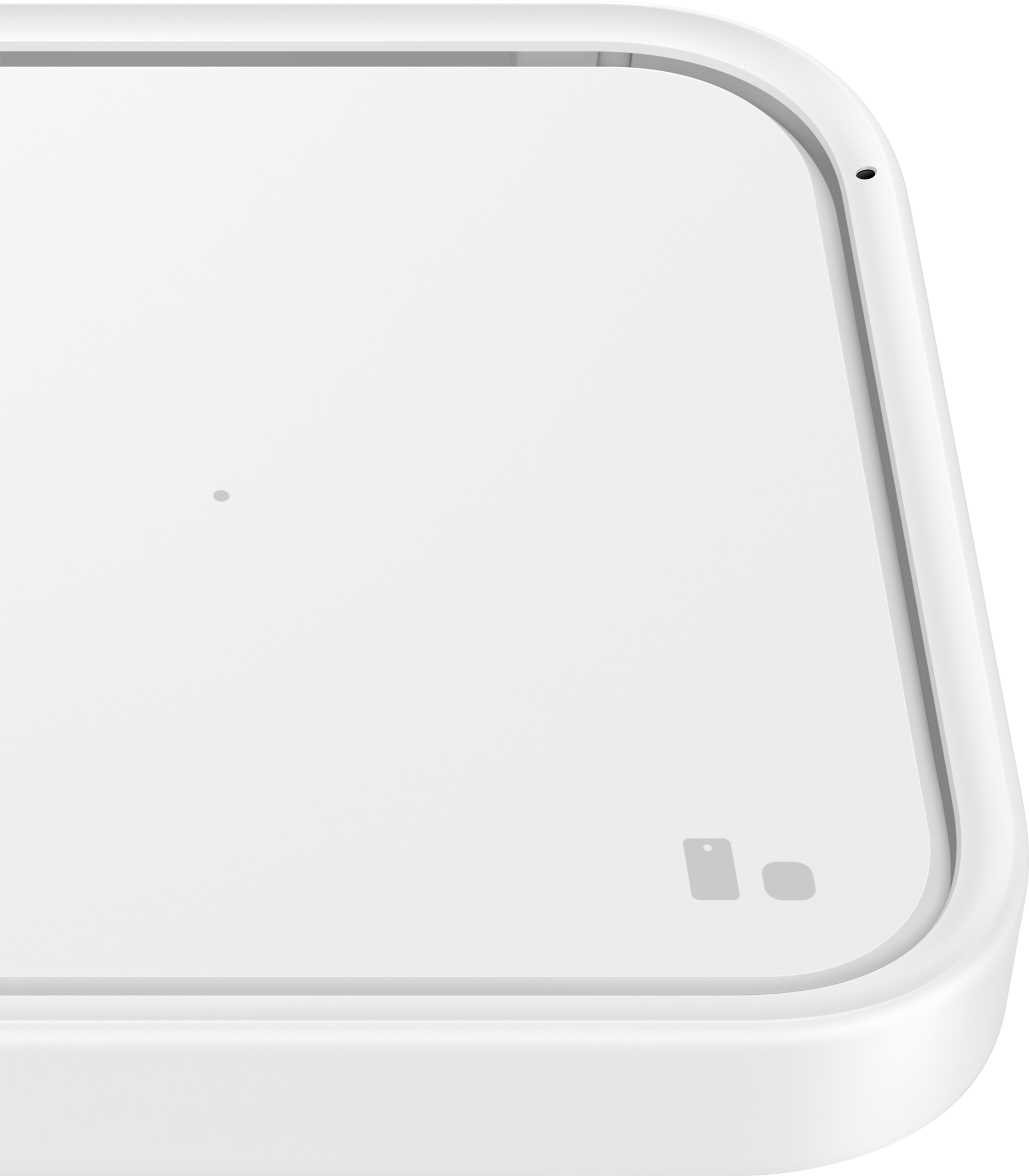Dispositivo bianco con un design minimalista. Leggera curvatura dei bordi, con un piccolo pulsante e un punto.