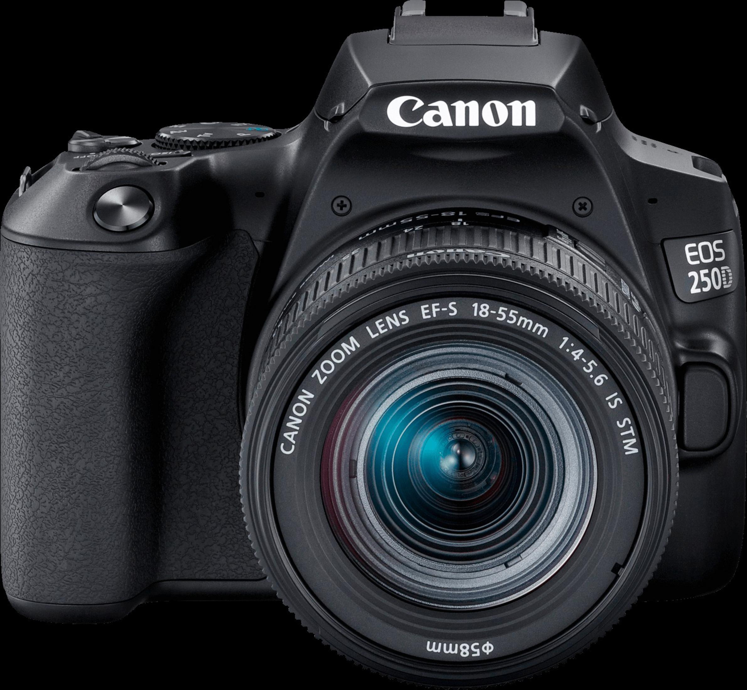 Czarny aparat Canon EOS 250D z obiektywem zmiennoogniskowym, na czarnym tle.