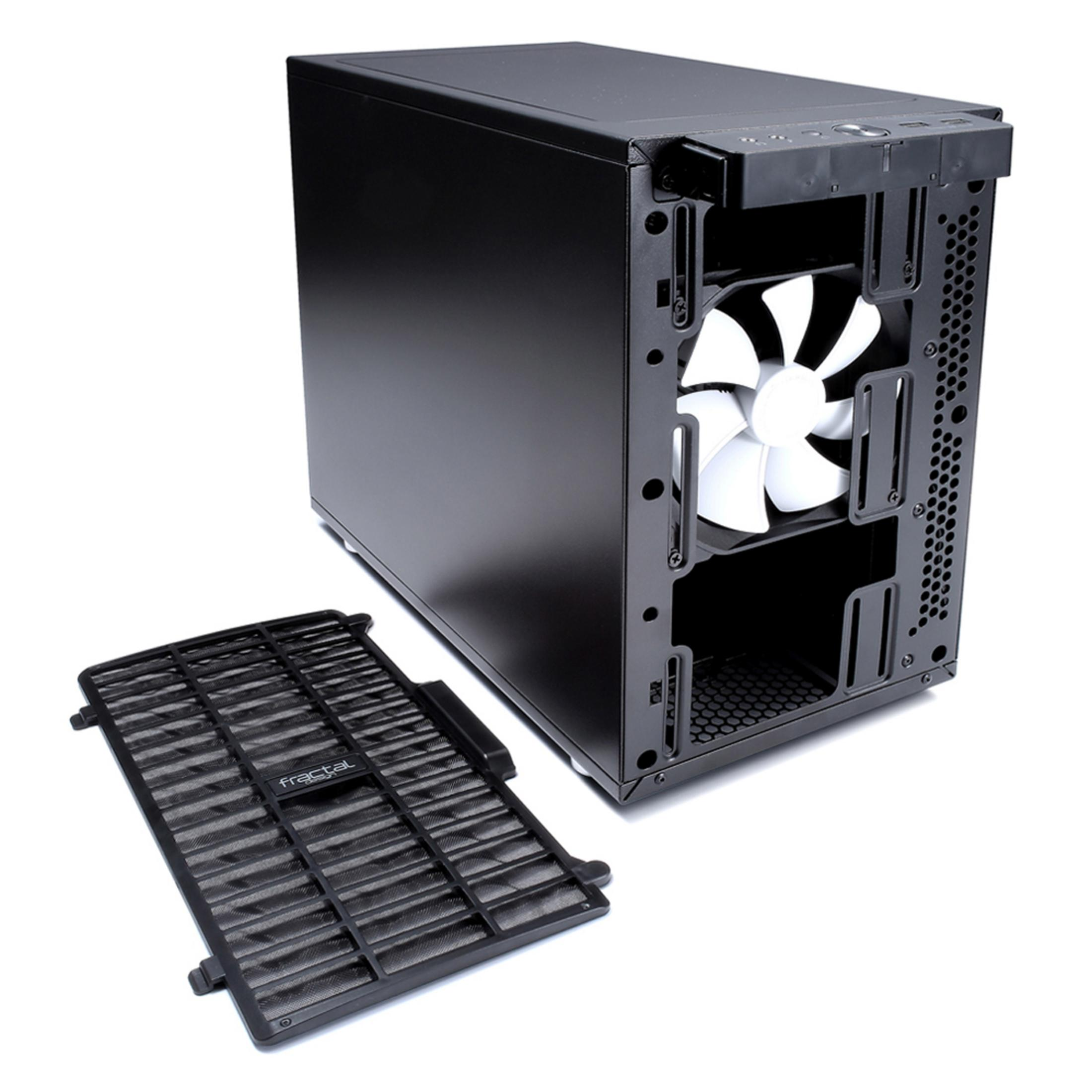 Czarna obudowa komputera z białym wentylatorem, czarnym filtrem i otwartym panelem bocznym.
