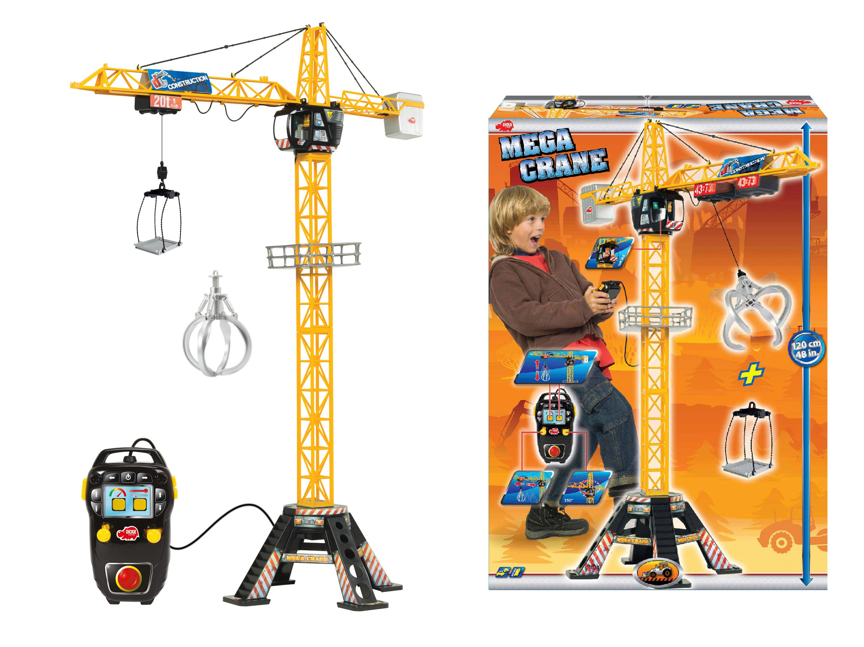 Gelber Spielzeugkran mit Fernbedienung. Eine Box mit einem Bild eines Jungen, der den Kran bedient, ist sichtbar.