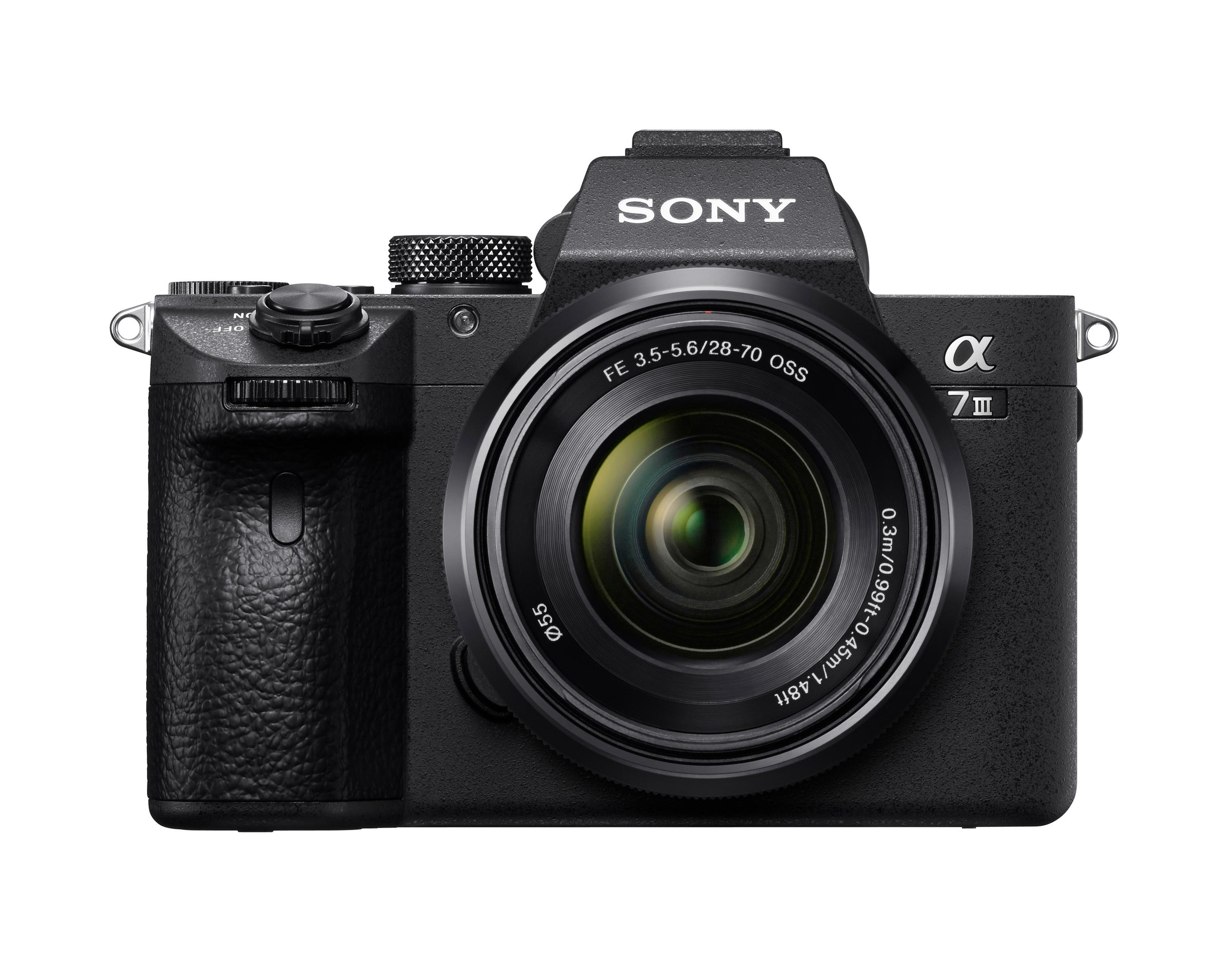 Black Sony camera with a lens and a silver ring. Sony logo at the top.