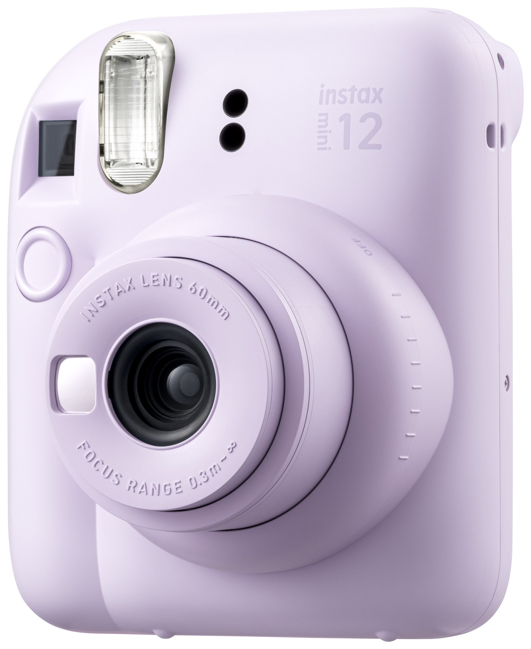 Bir lavanta Instax Mini 12 anında fotoğraf makinesi, merceği ve flaşı gösteriyor.