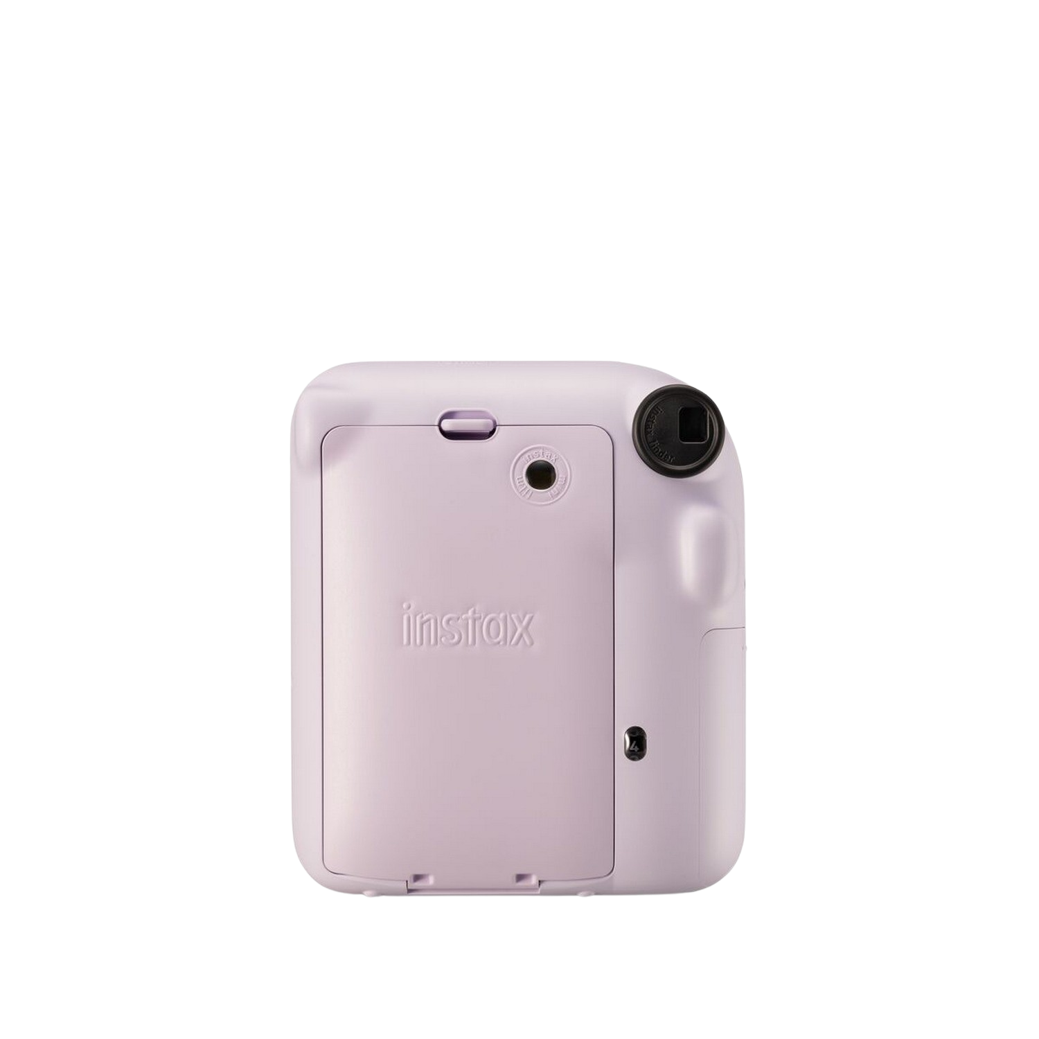 Açık mor bir Instax kameranın arkası. Bir lensi, bir kapısı ve bir düğmesi var.