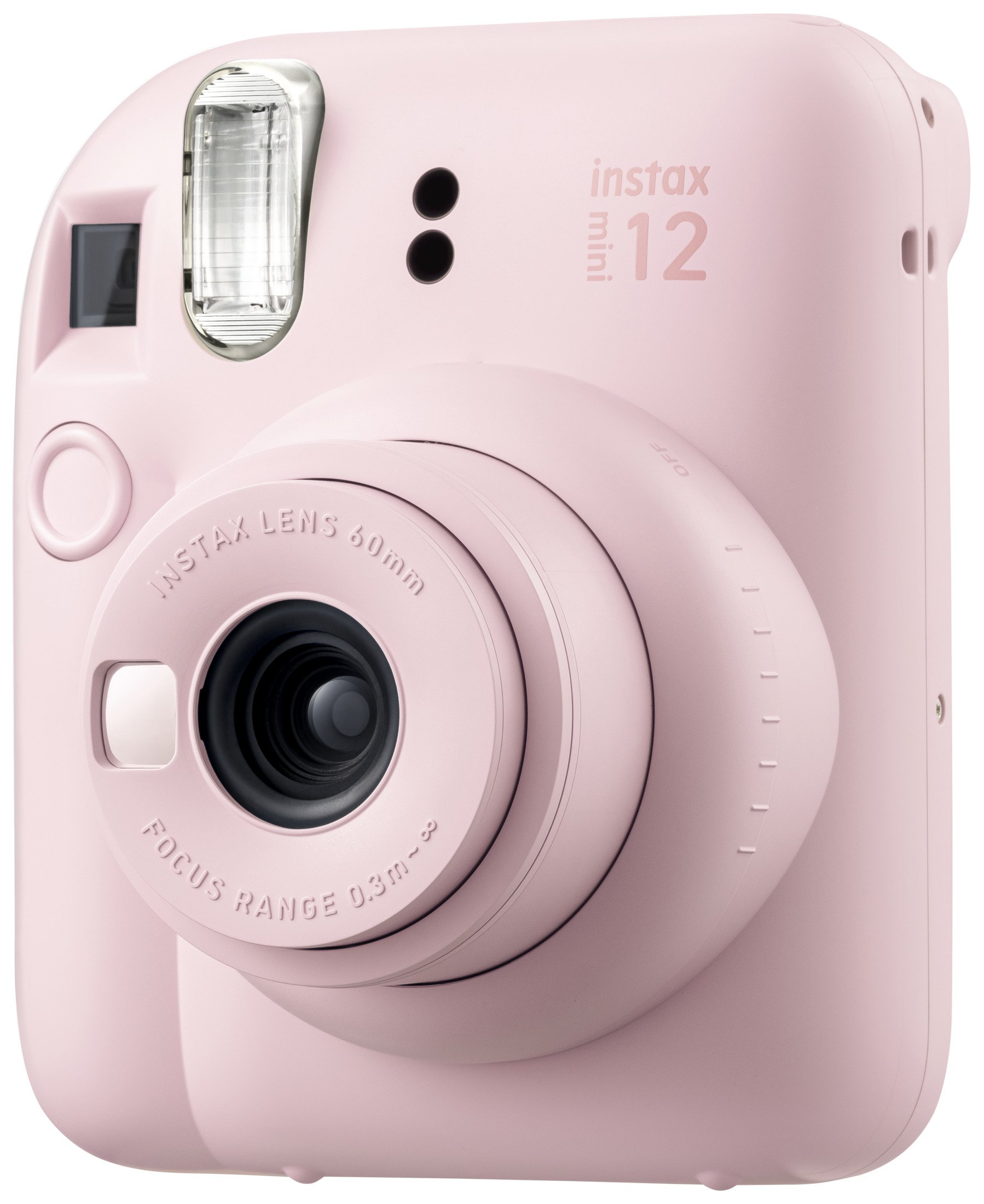 Een roze Instax Mini 12 instant camera, met de lens en flitser.