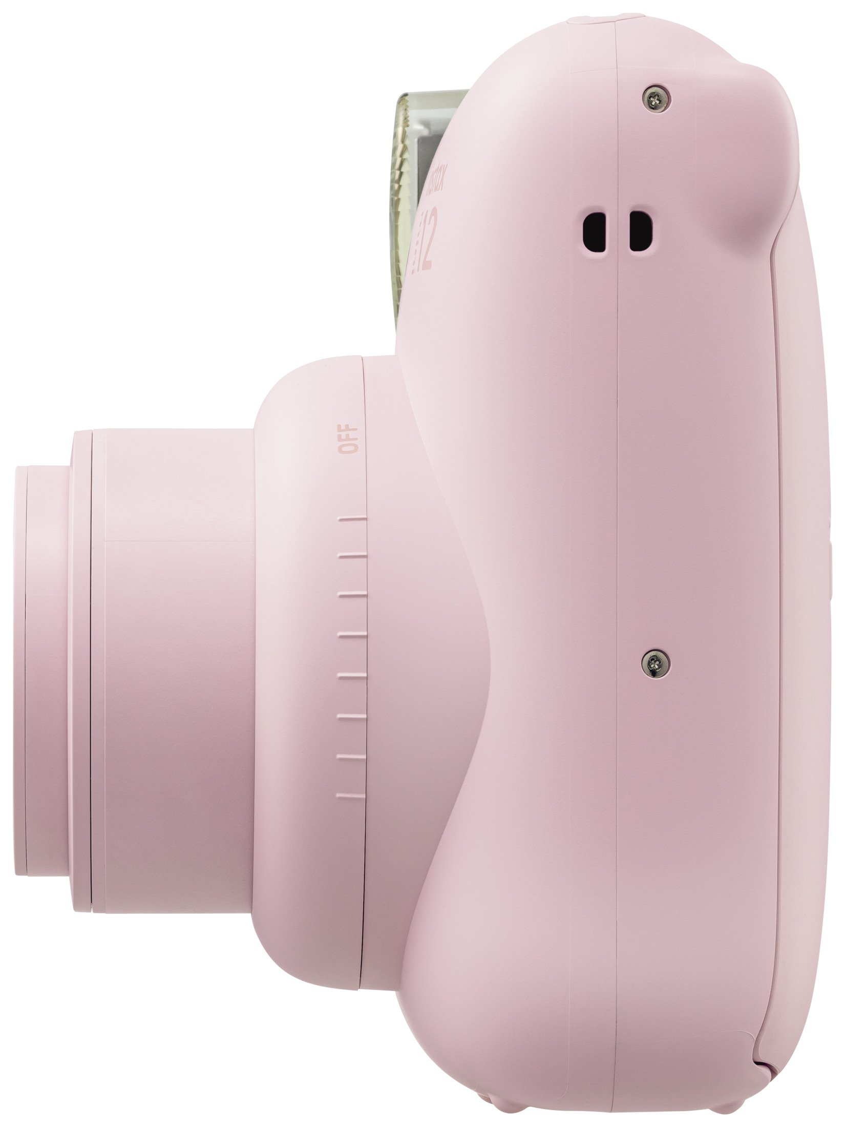 Roze instant camera, zijaanzicht, lens links, knoppen rechts.