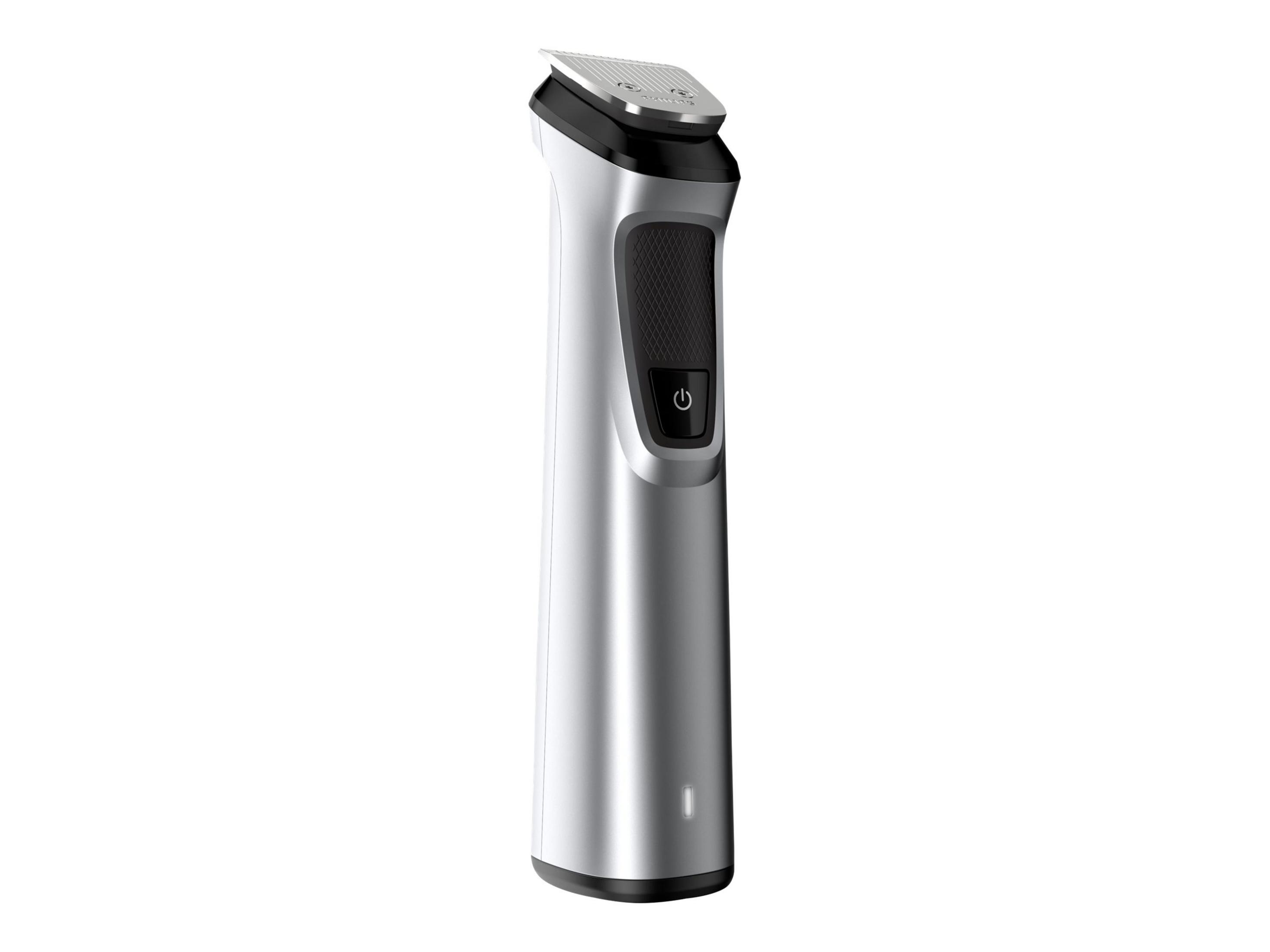 Tagliacapelli Philips argento. Pulsante di accensione nero e sfondo bianco.