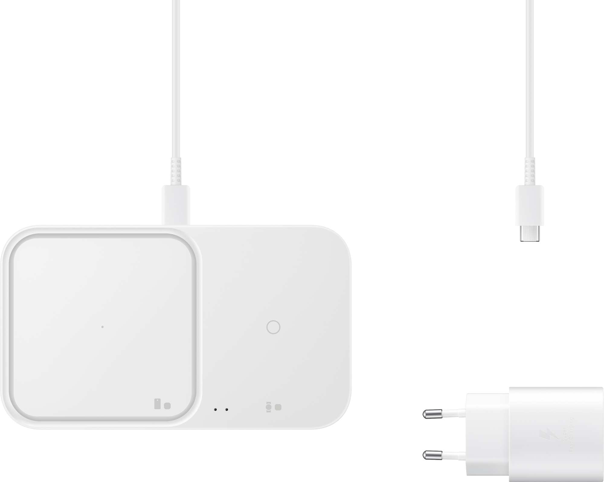 Weißes Ladegerät mit zwei Ladeflächen und einem USB-C-Kabel. Das Ladegerät hat einen Netzadapter.