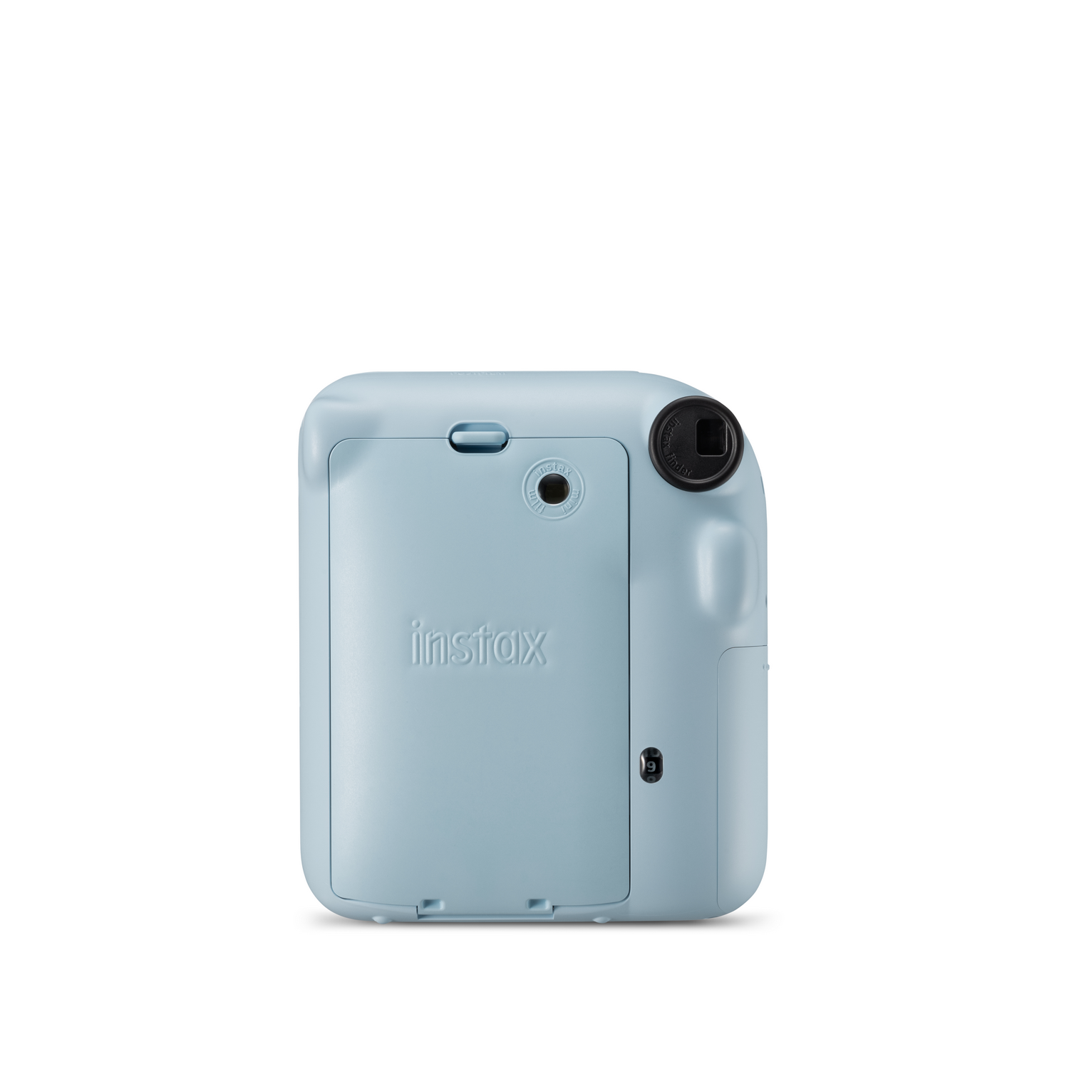 Açık mavi Instax kamera, arka görünüm, beyaz zemin üzerinde. Instax logosu görünür.