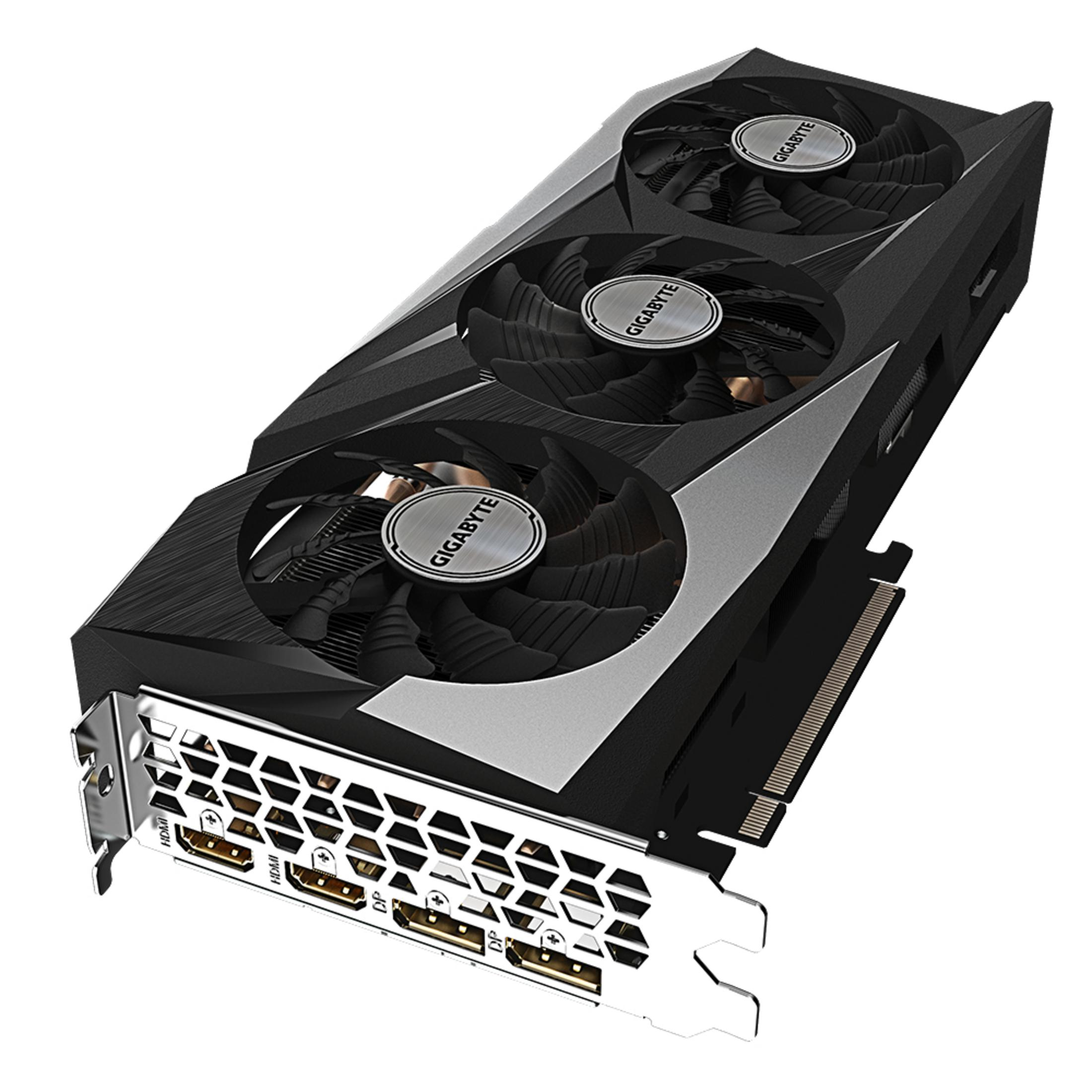 Gigabyte-Grafikkarte mit drei Lüftern. Sie hat silberne Akzente und schwarze Lüfter. Weißer Hintergrund.