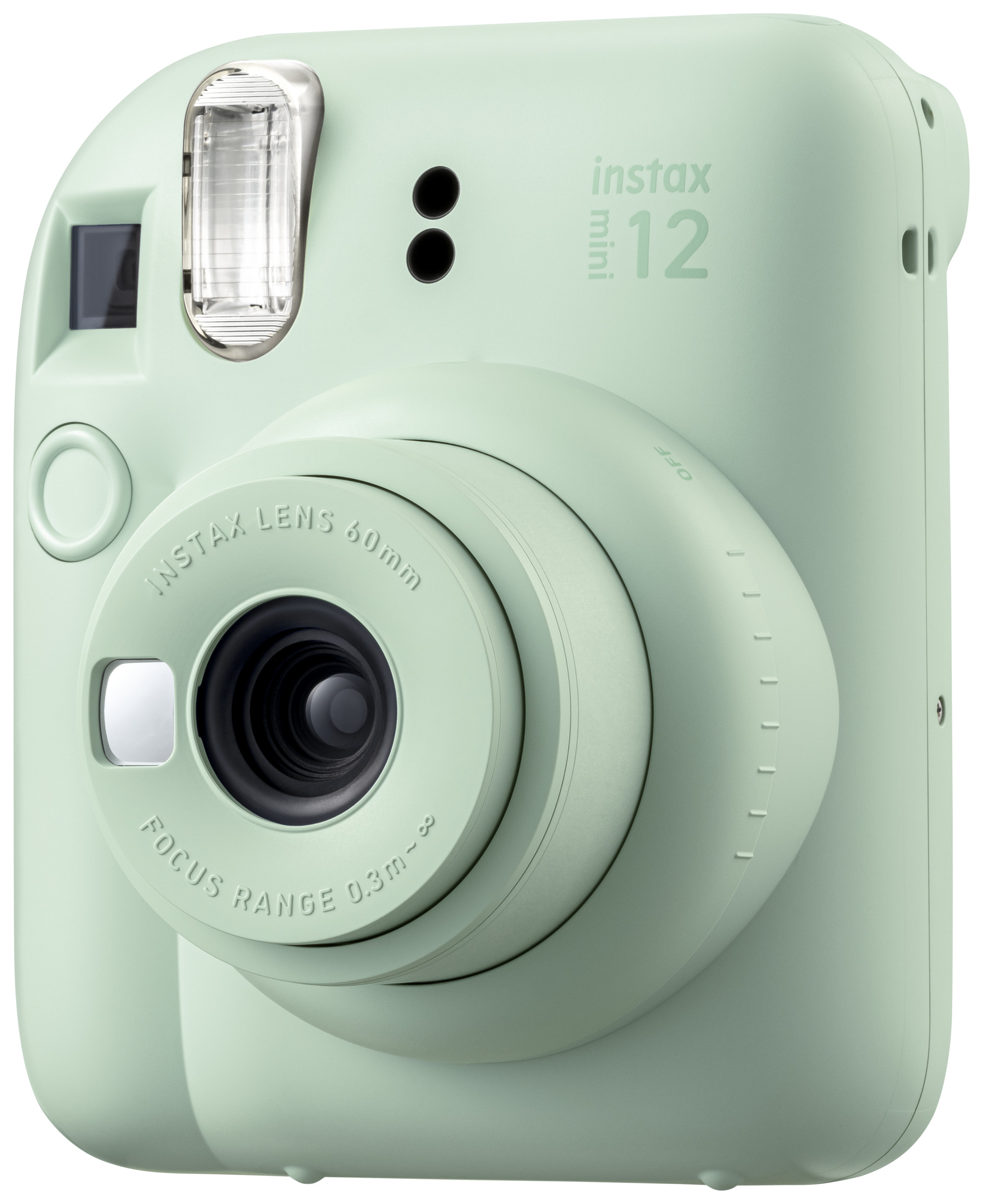 Nane yeşili Instax Mini 12 fotoğraf makinesi. Lens, flaş ve vizörler görünür.