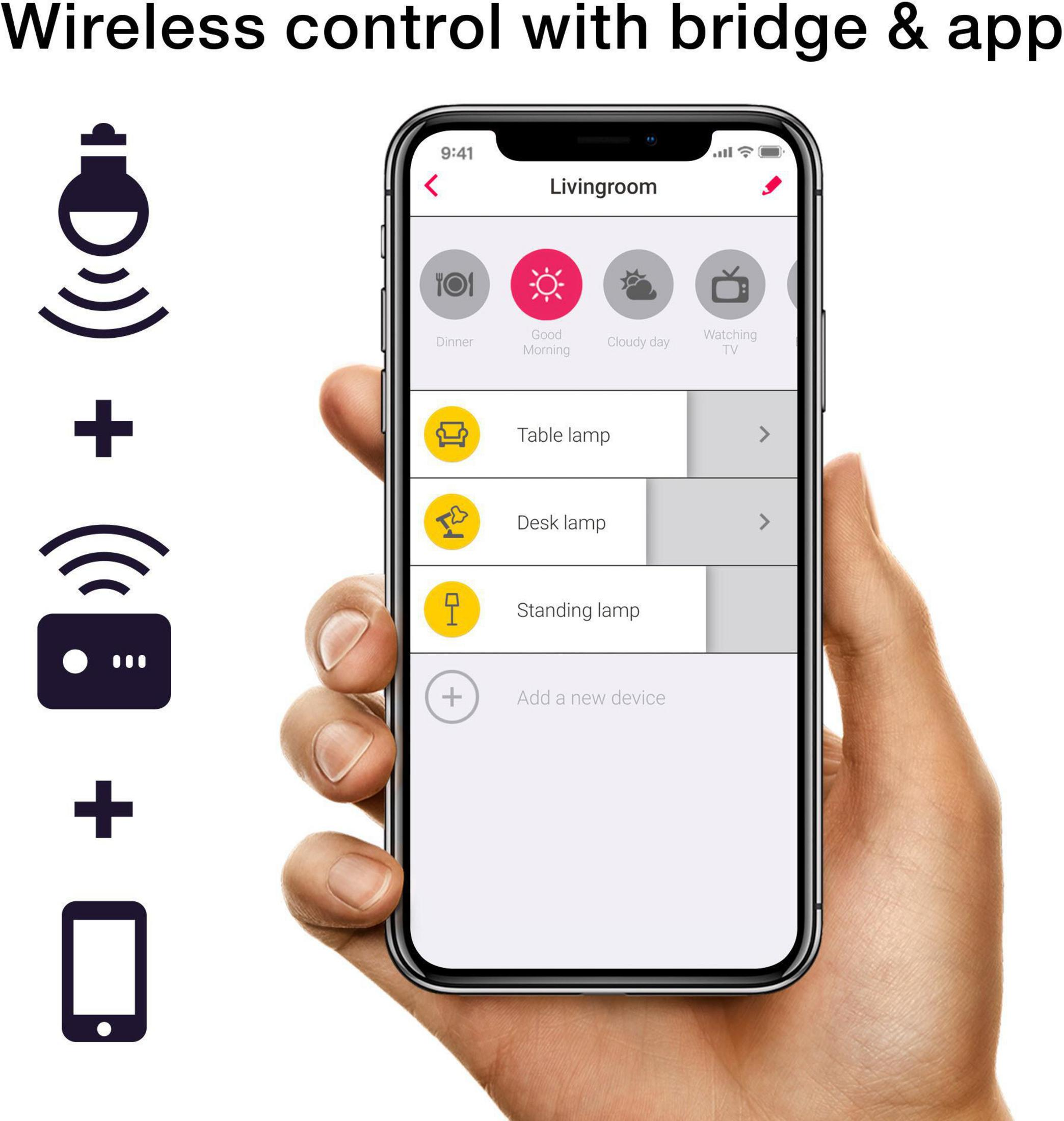 Ręka trzymająca telefon, który pokazuje interfejs aplikacji smart home z ikonami świateł.