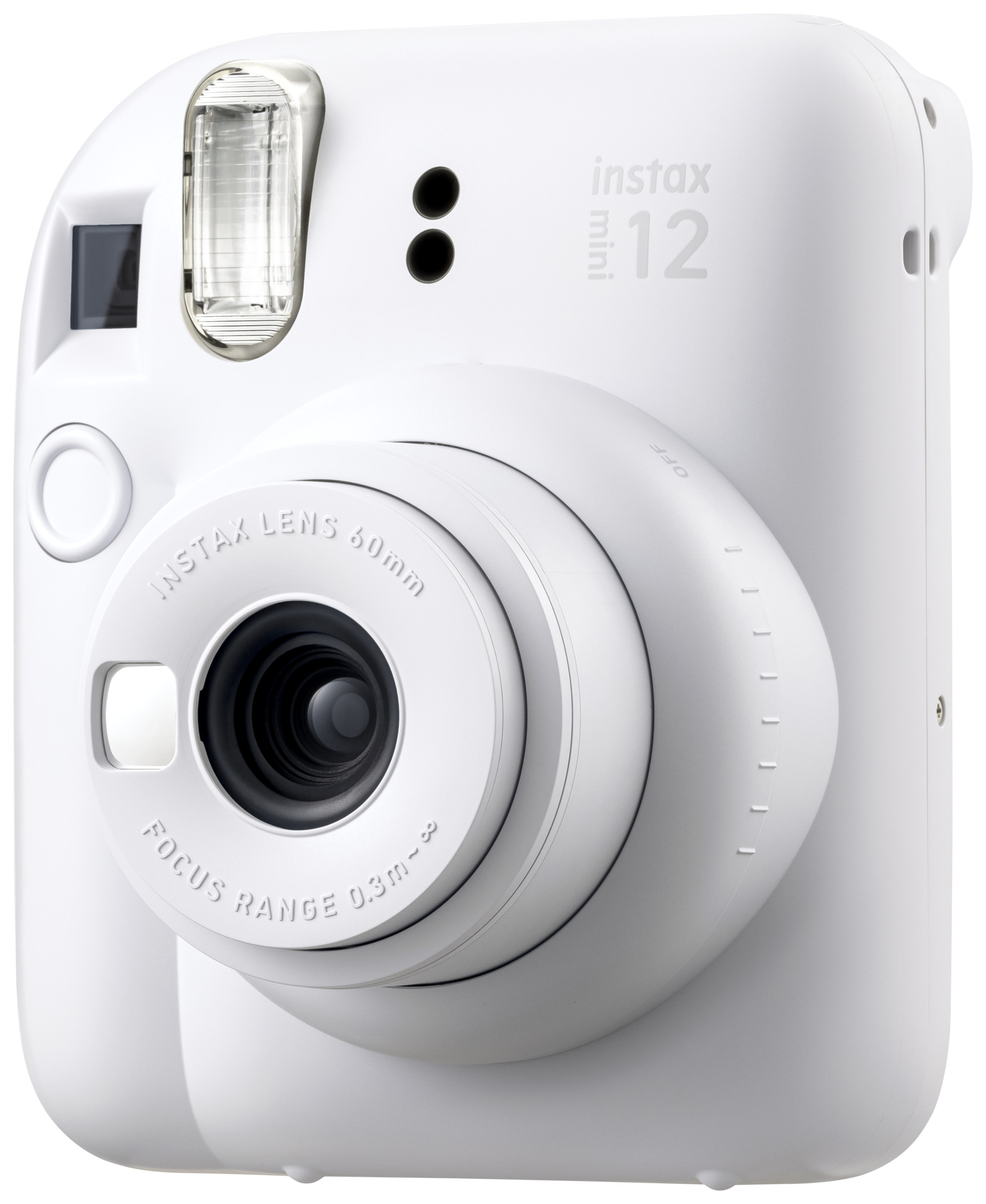 Beyaz Instax Mini 12 kamera, yakın çekim görünümü. Merceği, flaşı ve düğmeleri gösteriyor.