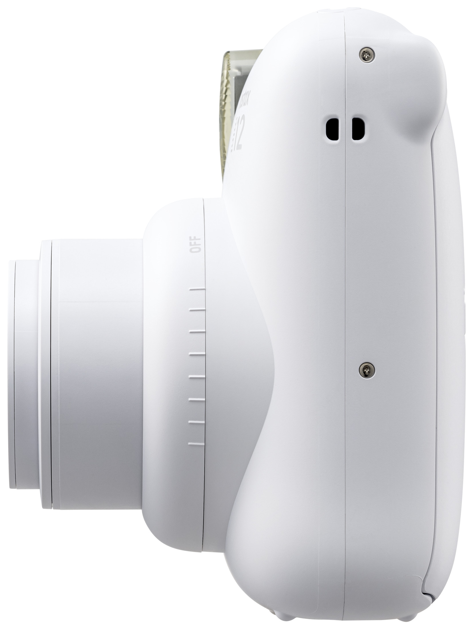 Beyaz bir Instax Mini 12 kameranın yan görünümü. Lens, flaş ve düğmeler görünür.