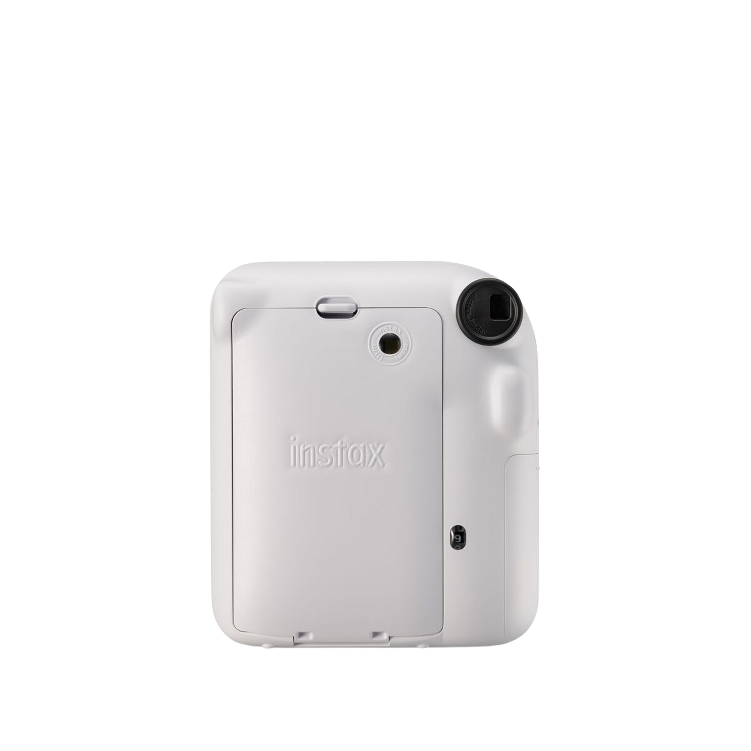 Beyaz Instax kamera. Arka görünüm, film ve lens için açıklık. Siyah arka plan üzerinde izole edilmiş.