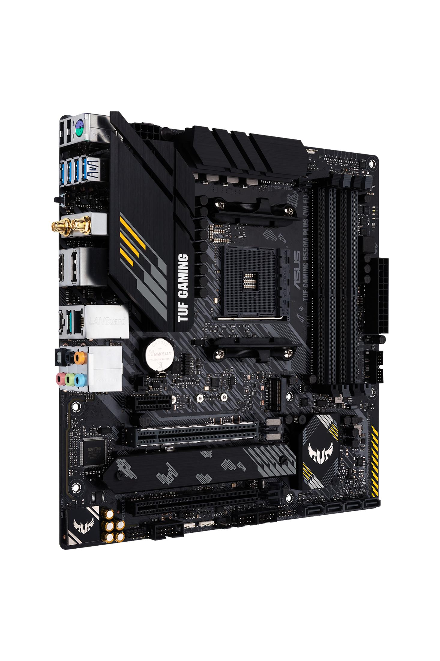Scheda madre nera e grigia. Testo TUF GAMING, ASUS. Sono visibili vari connettori, porte e slot.