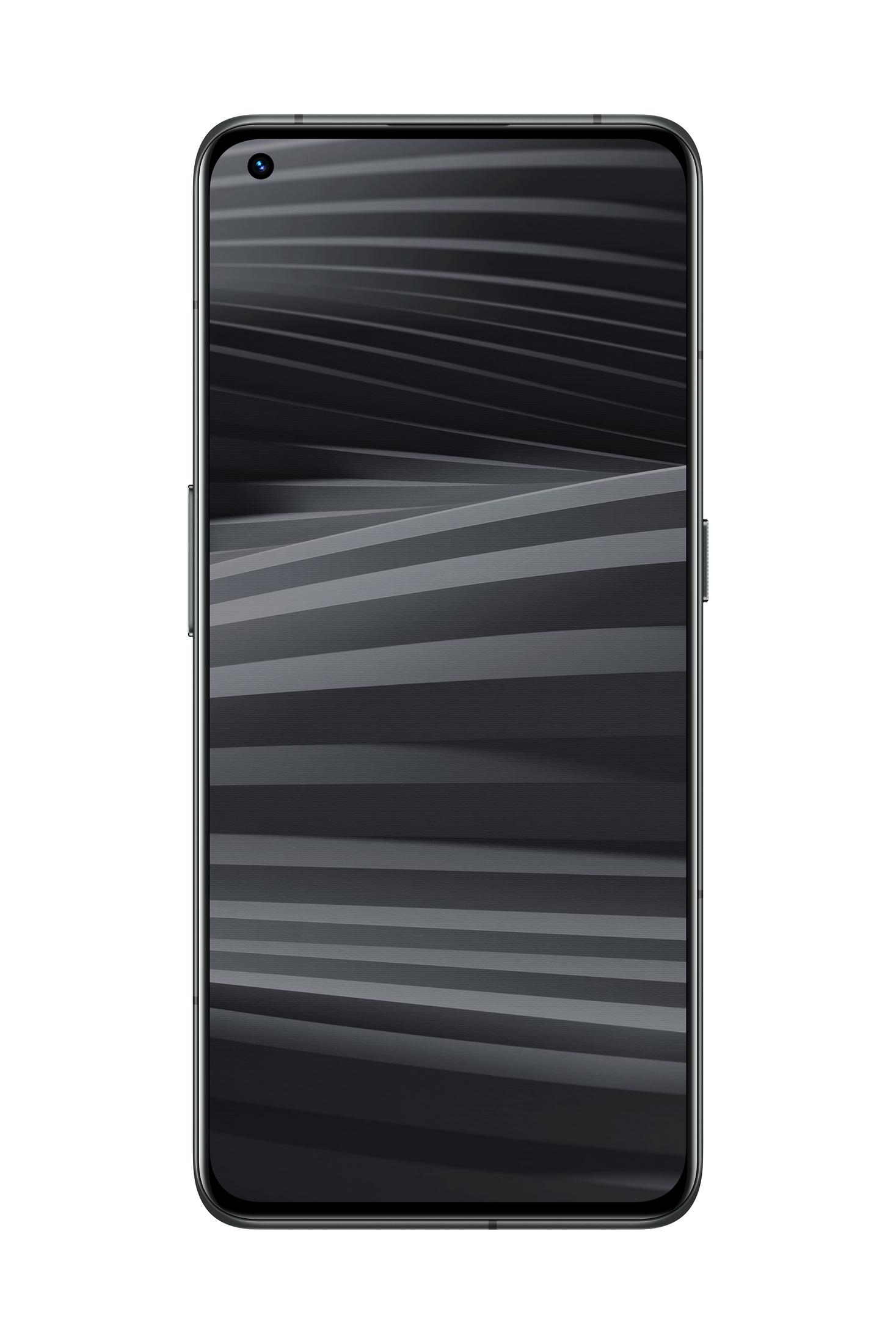 Schwarzes Smartphone mit dunklem, gemusterten Bildschirm. Grüner Rahmen.