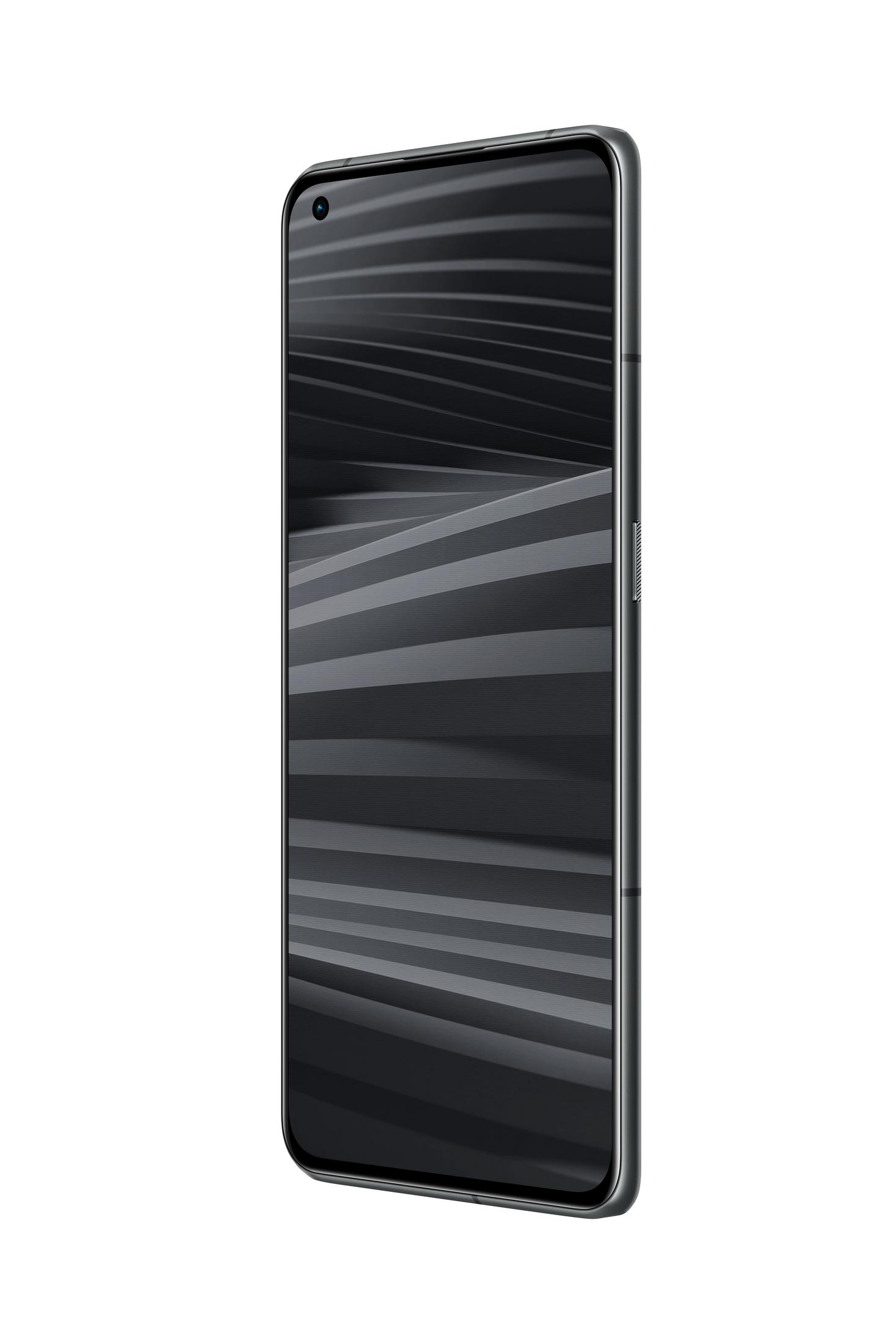 Ein Smartphone von der Seite, auf weißem Hintergrund. Der Bildschirm ist schwarz mit grauen Linien. Der Rahmen ist silber.