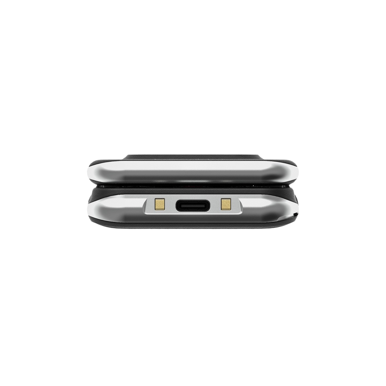 Widok z góry na czarny telefon. Widoczny port ładowania i złącza.