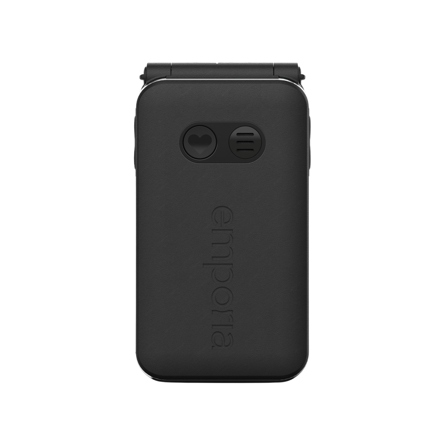 Czarny telefon z klapką z logo Emporia z tyłu. Ma dwa przyciski, a logo znajduje się z tyłu.