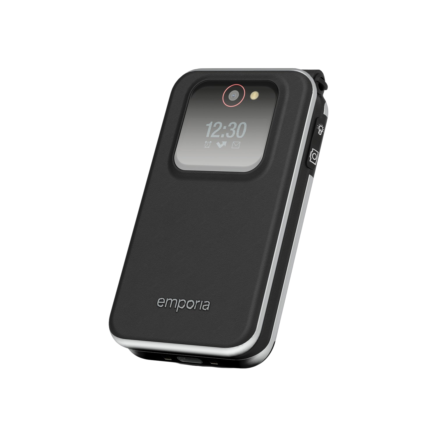 Czarny telefon Emporia z klapką, zamknięty. Pokazuje godzinę. Srebrne akcenty.