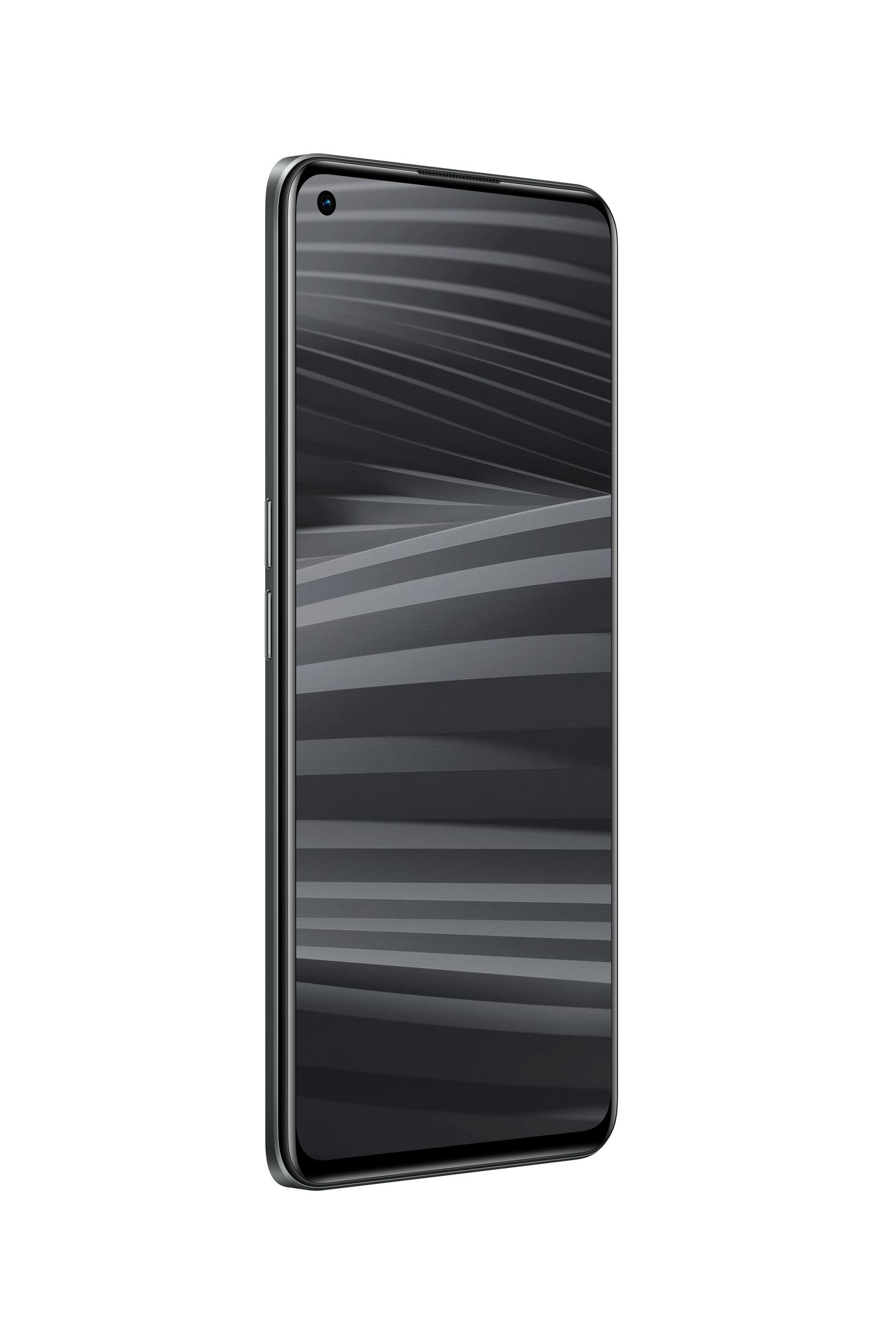 Ein hohes schwarzes Telefon auf weißem Hintergrund, mit einem Bildschirm, der ein schwarz-graues Muster anzeigt.