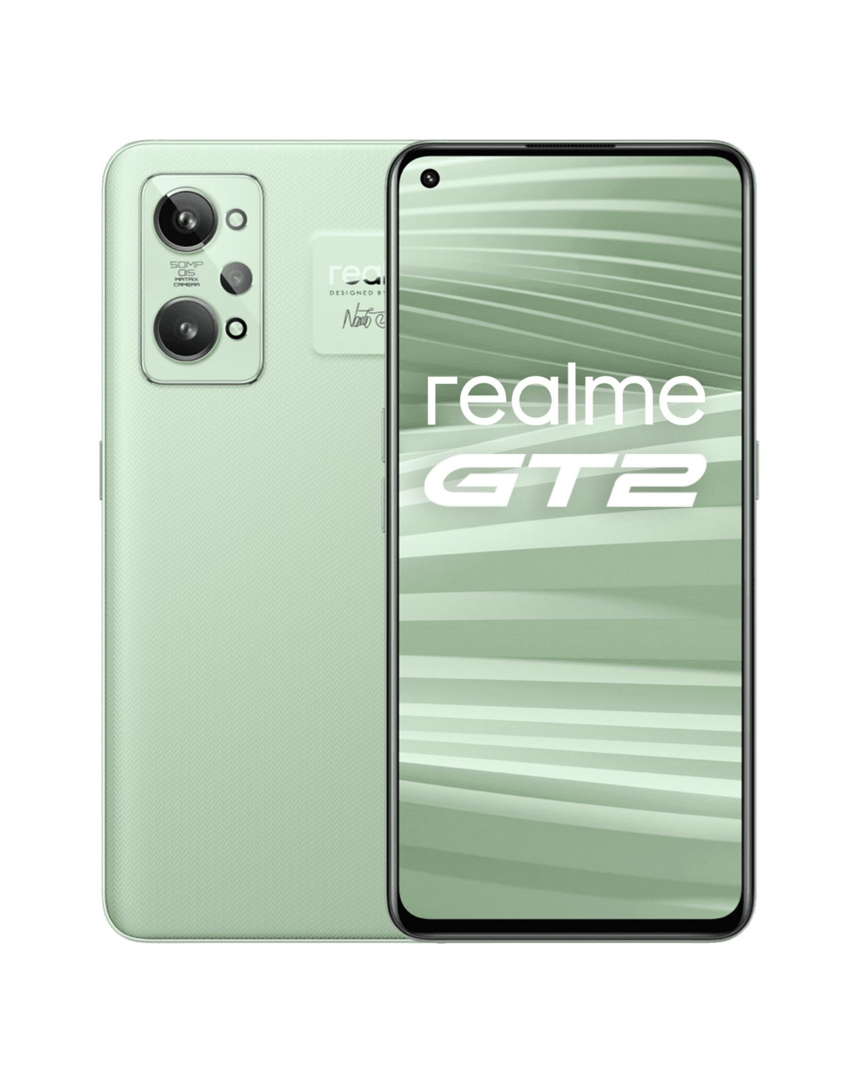 Zwei grüne Realme GT2-Telefone. Eines zeigt die Rückseite mit Kameras, das andere den Bildschirm.