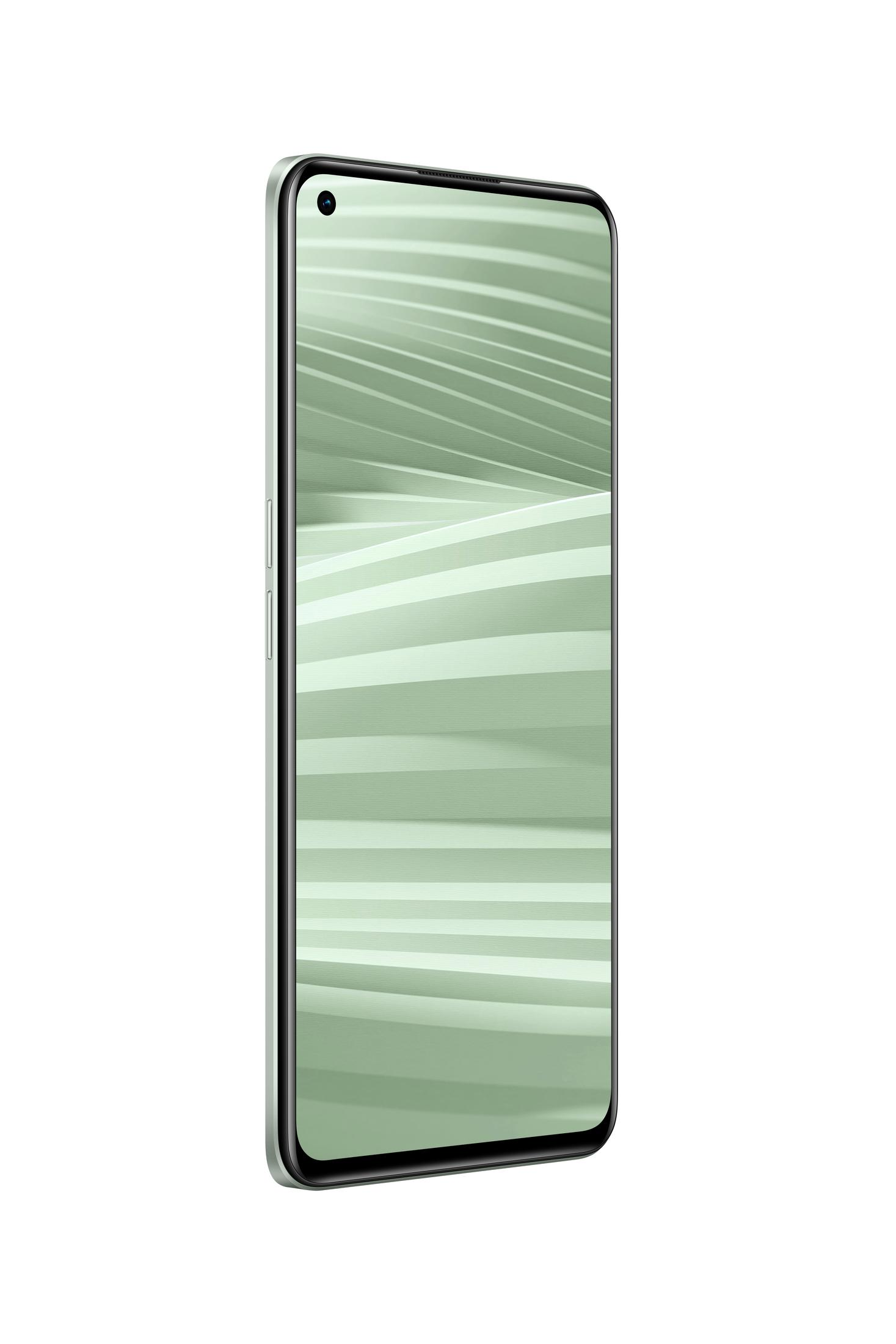 Smartphone in Mintfarbe mit großem Bildschirm, der ein weißes und grünes abstraktes Muster zeigt.