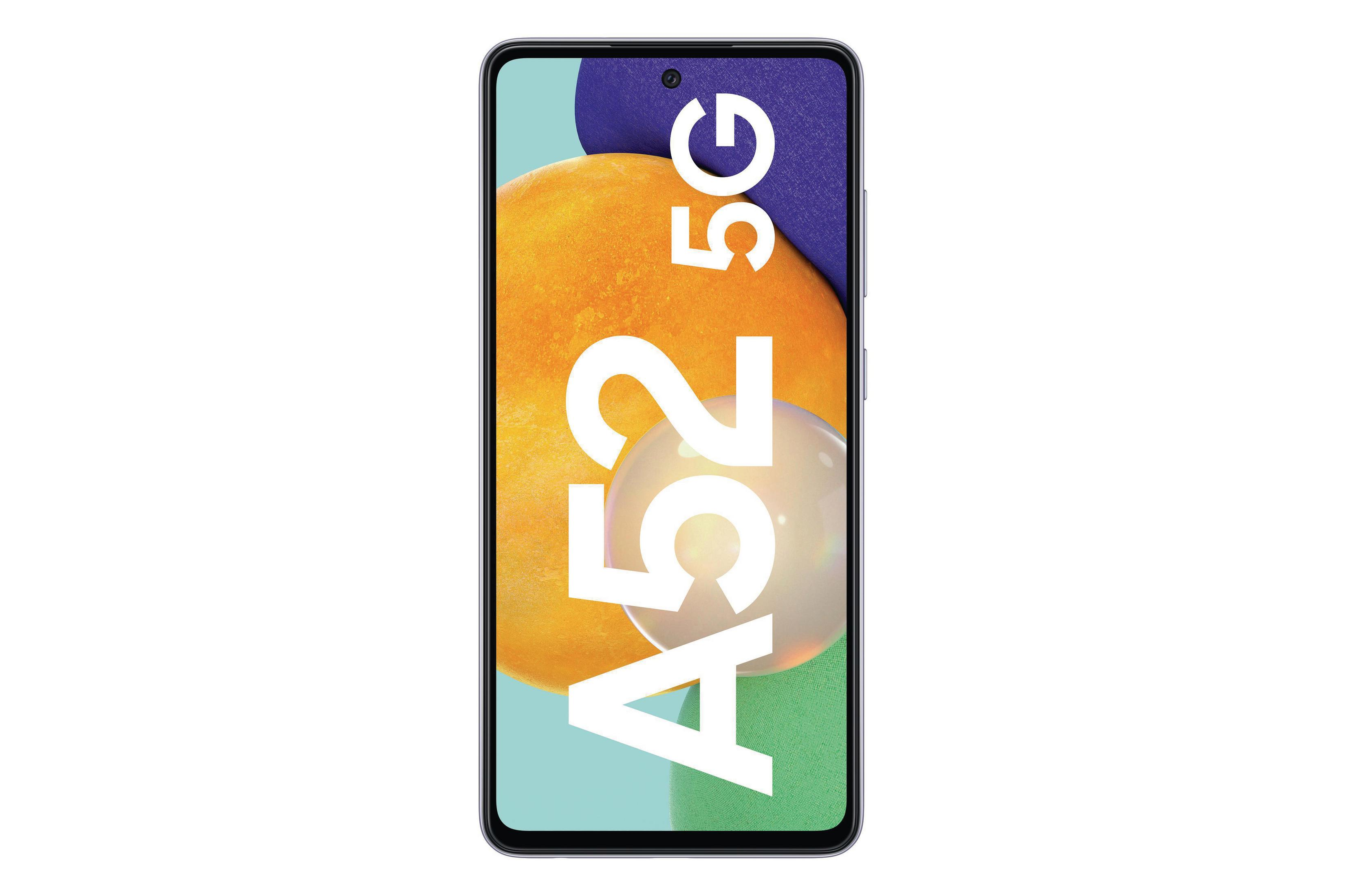Telefon Samsung A52 5G. Biała obudowa, duży ekran, tekst 'A52 5G'. Kolorowe tło.