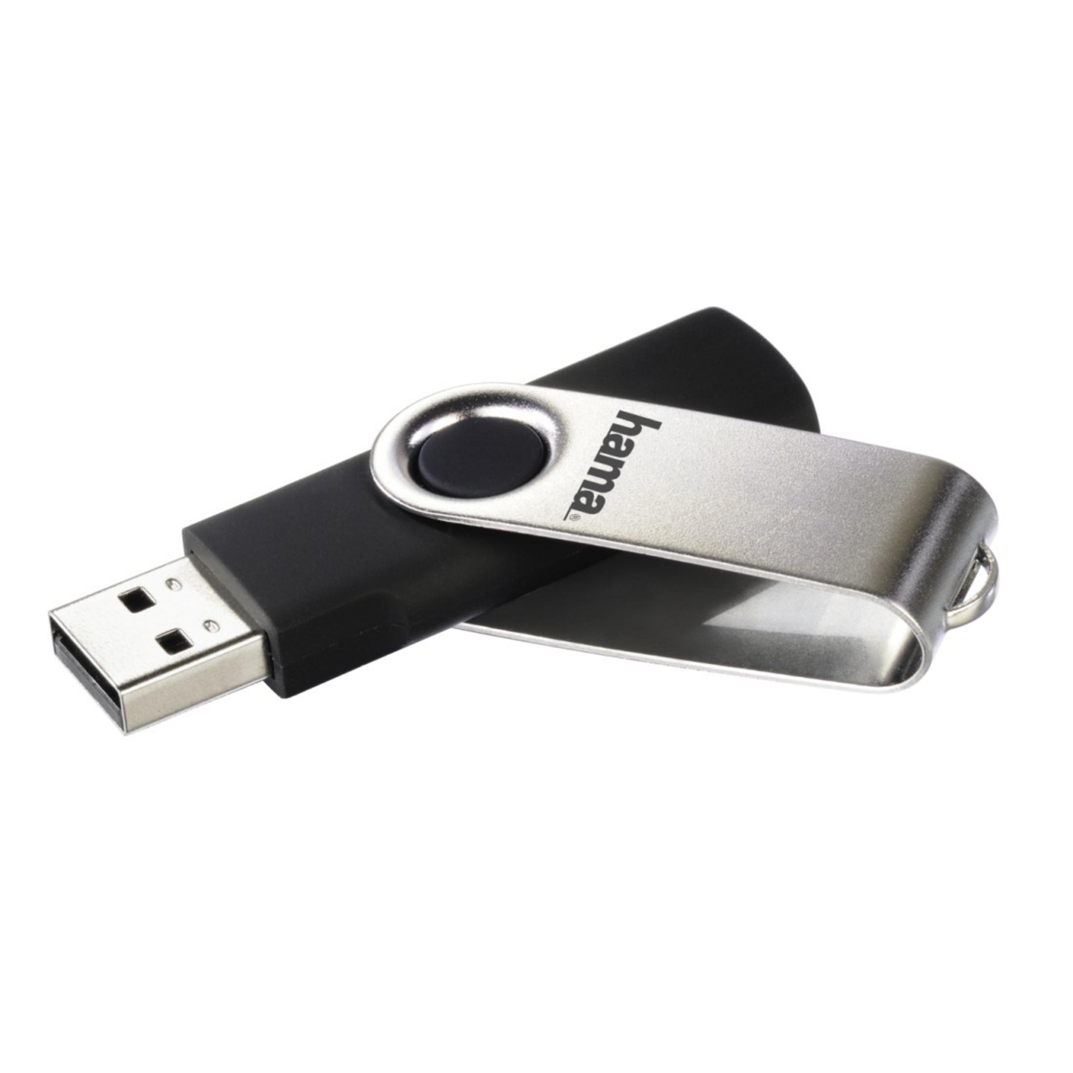 Unità flash USB con corpo nero e cappuccio girevole argentato.