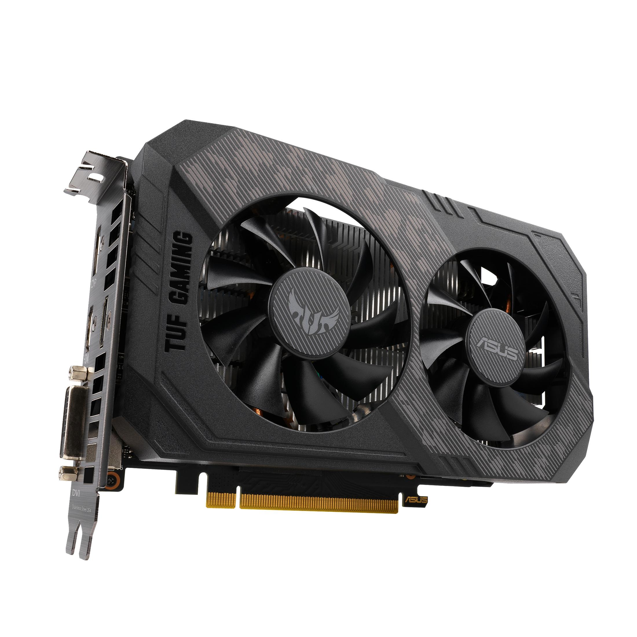 Una scheda grafica ASUS TUF Gaming nera con due ventole e un design nero e grigio.