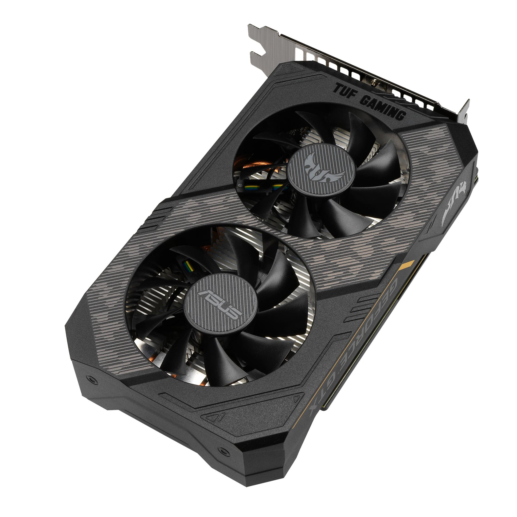 Una scheda grafica con due ventole e un design a strisce nere e grigie. Il logo ASUS TUF Gaming è visibile.