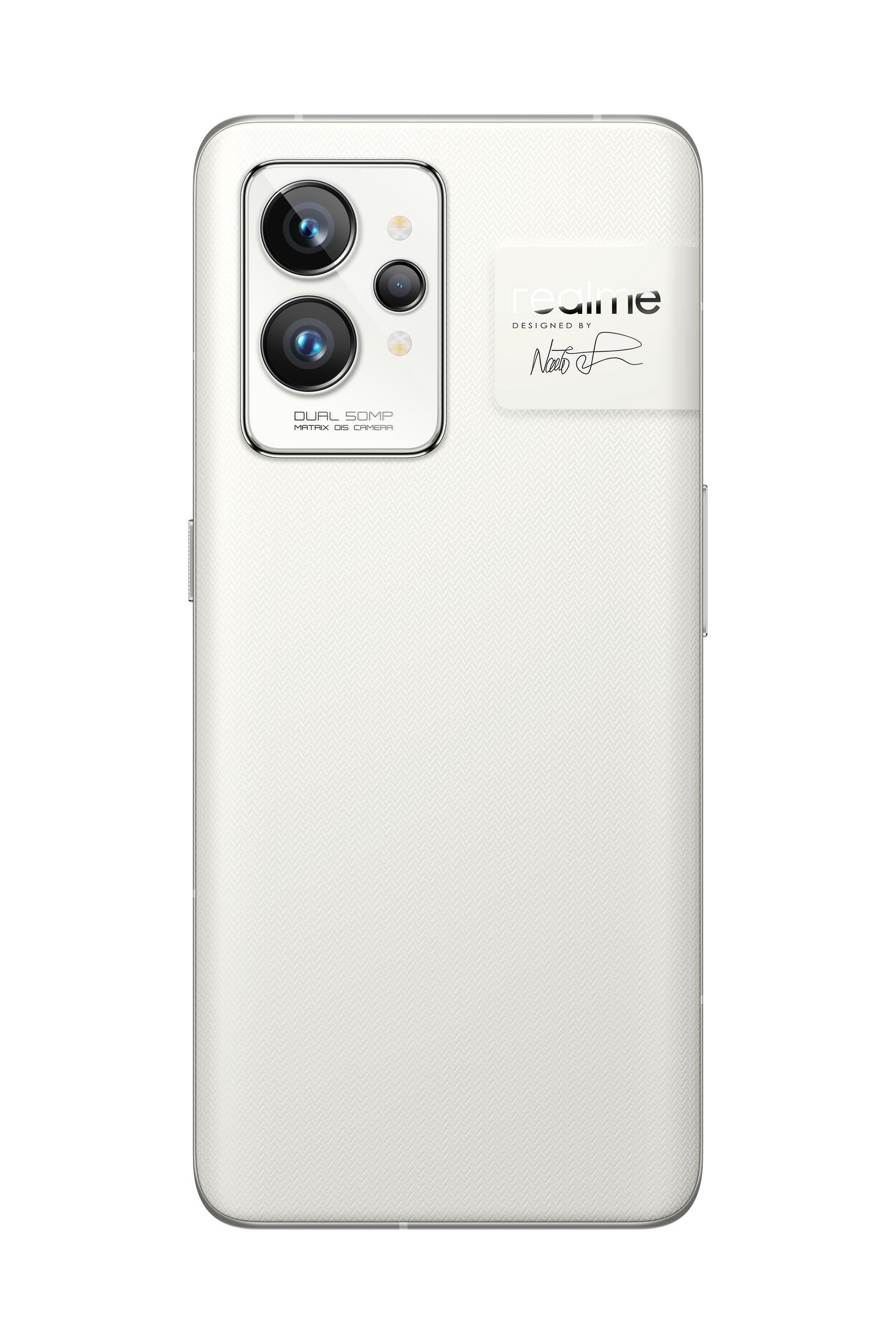 Weißes Smartphone mit Rückkamera und Realme-Logo. Rückansicht.