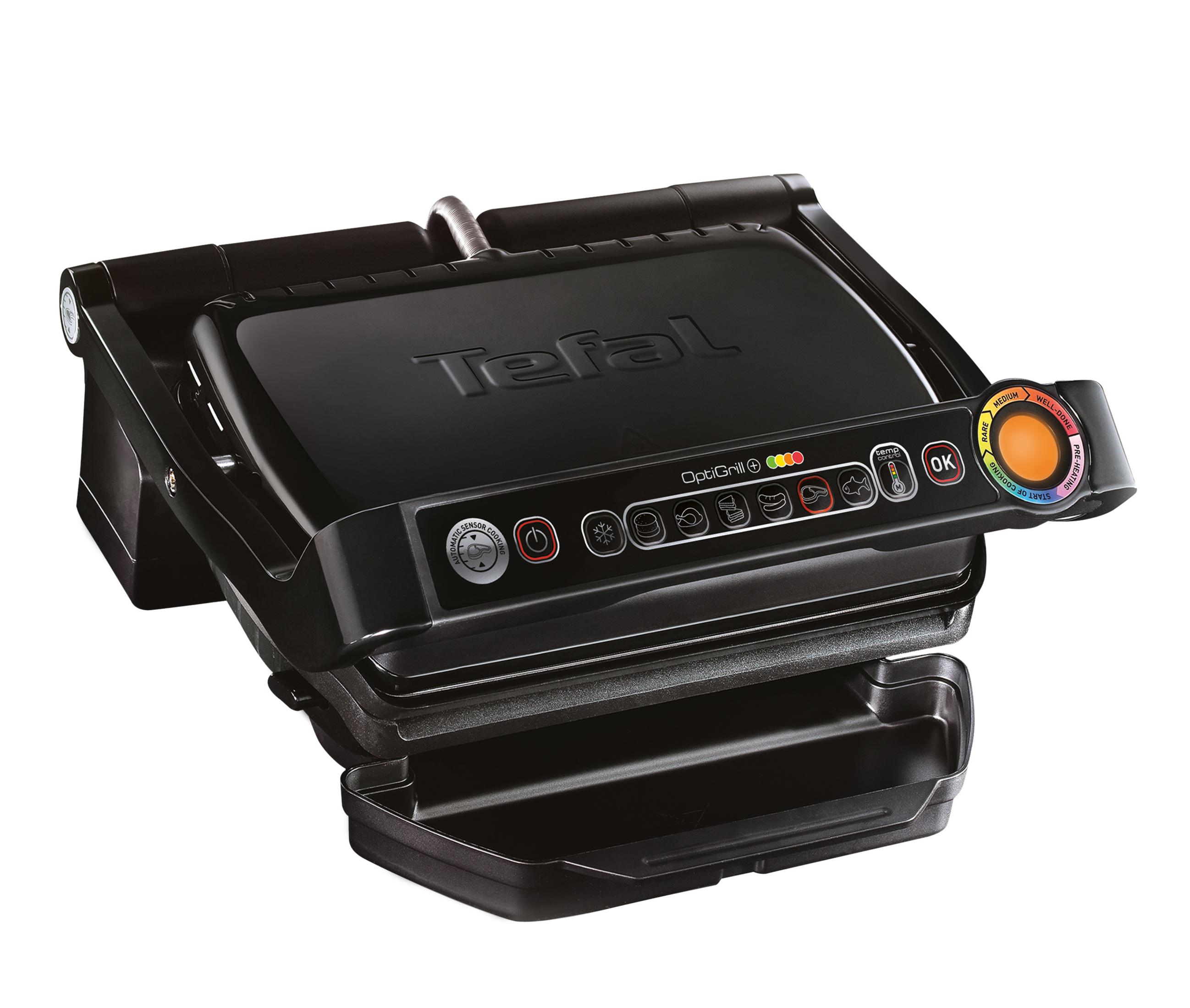 Tefal OptiGrill negro, cerrado, que muestra el panel de control con diferentes ajustes.