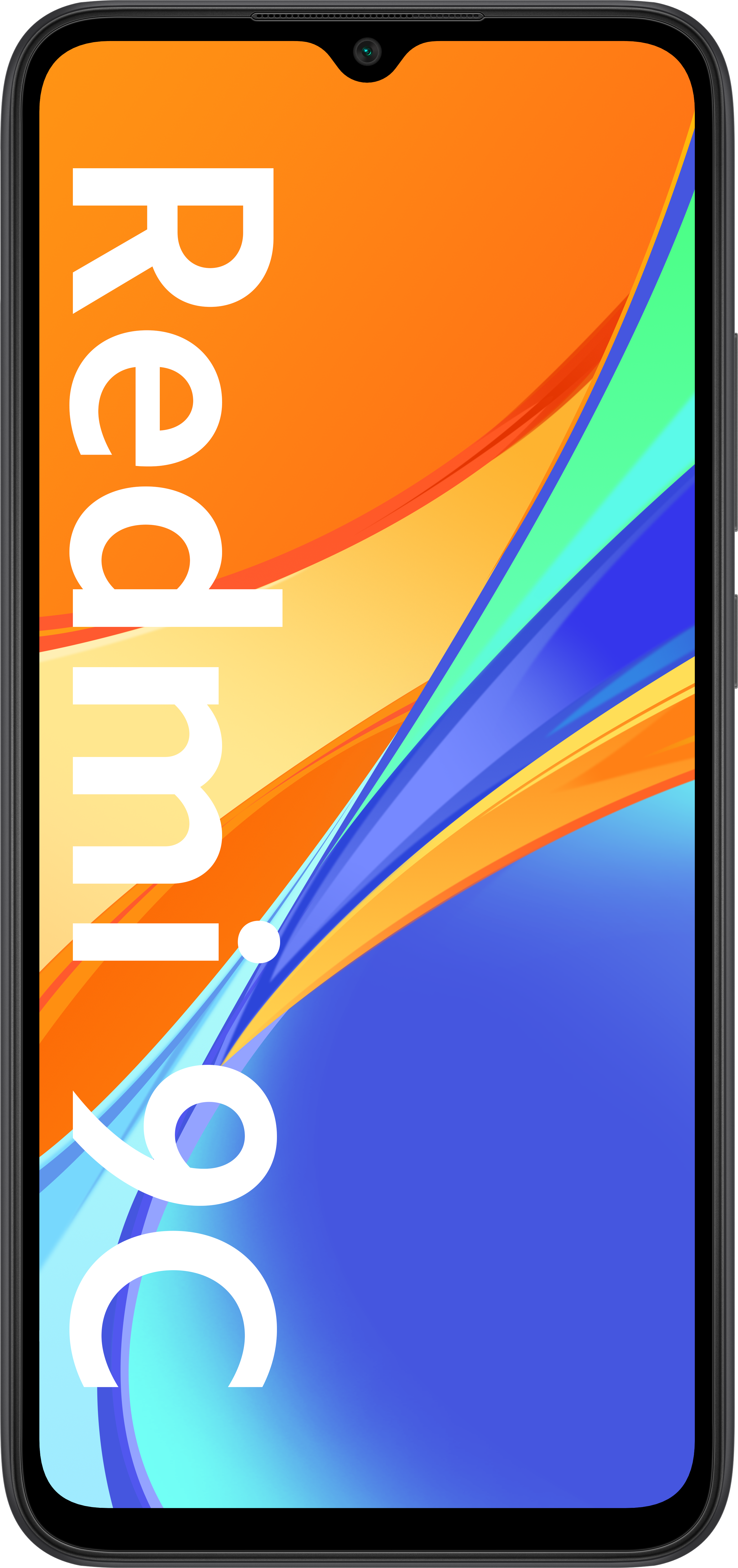 Redmi 9C Smartphone. Das Telefon ist orange und blau. Es hat eine Frontkamera in der Mitte.