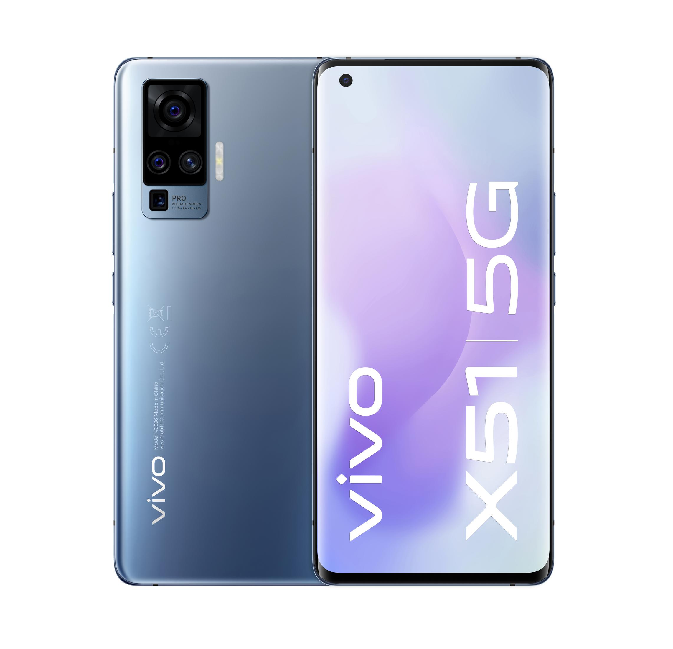 Vivo X51 5G Smartphone. Blau-grau, Rück- und Vorderansicht. Weißer Hintergrund.