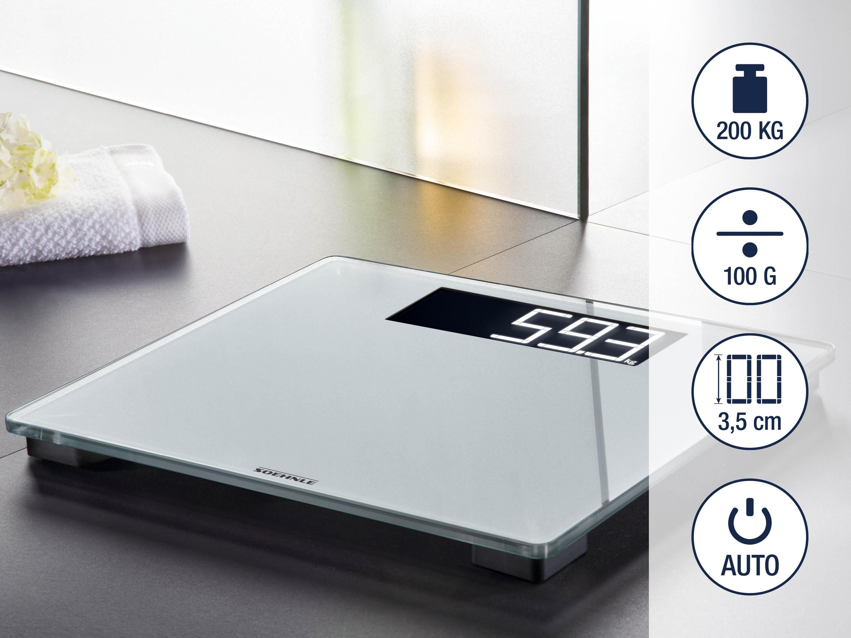 Biała szklana waga z cyfrowym wyświetlaczem i kilkoma ikonami obok.