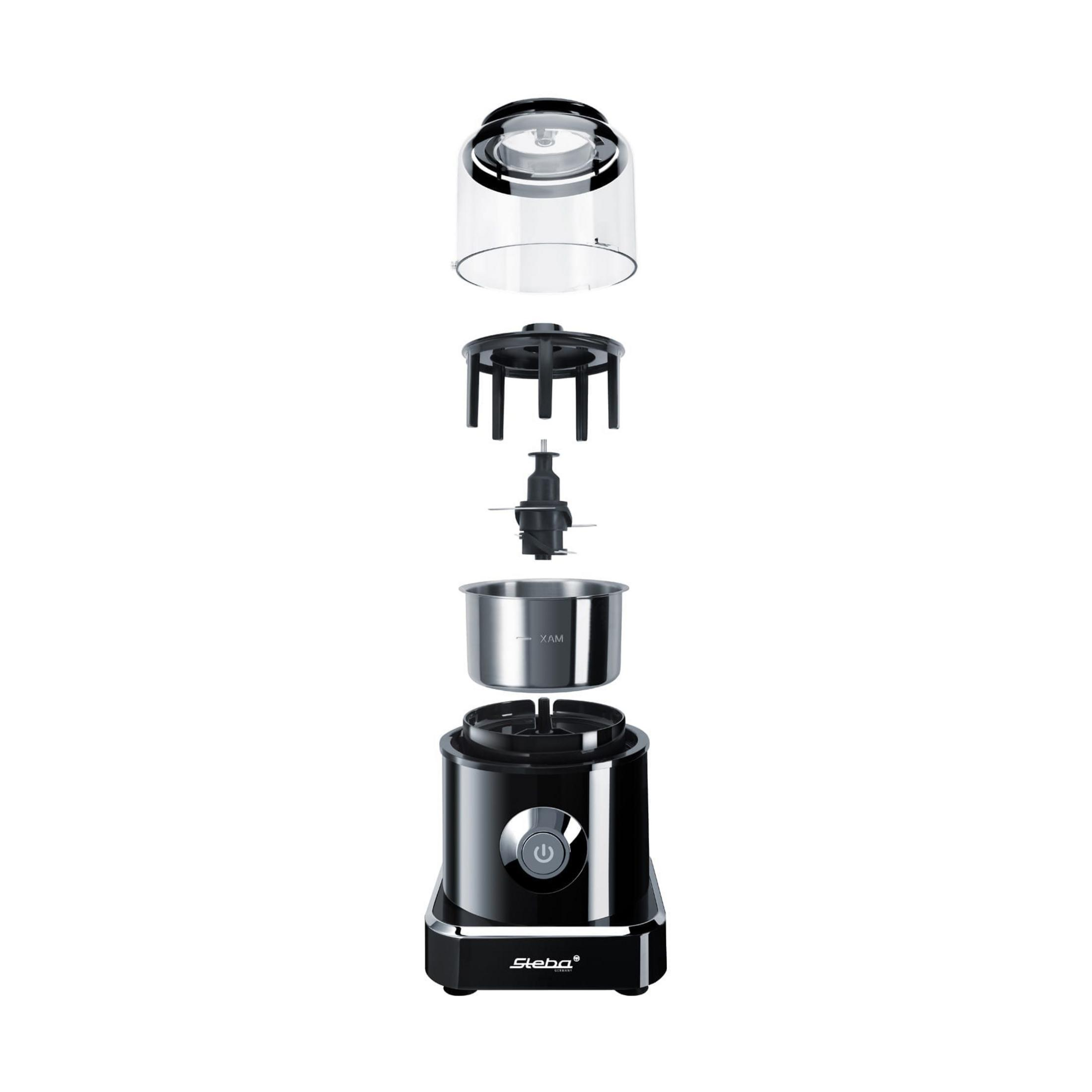 Robot da cucina smontato con base nera e coperchio trasparente.
