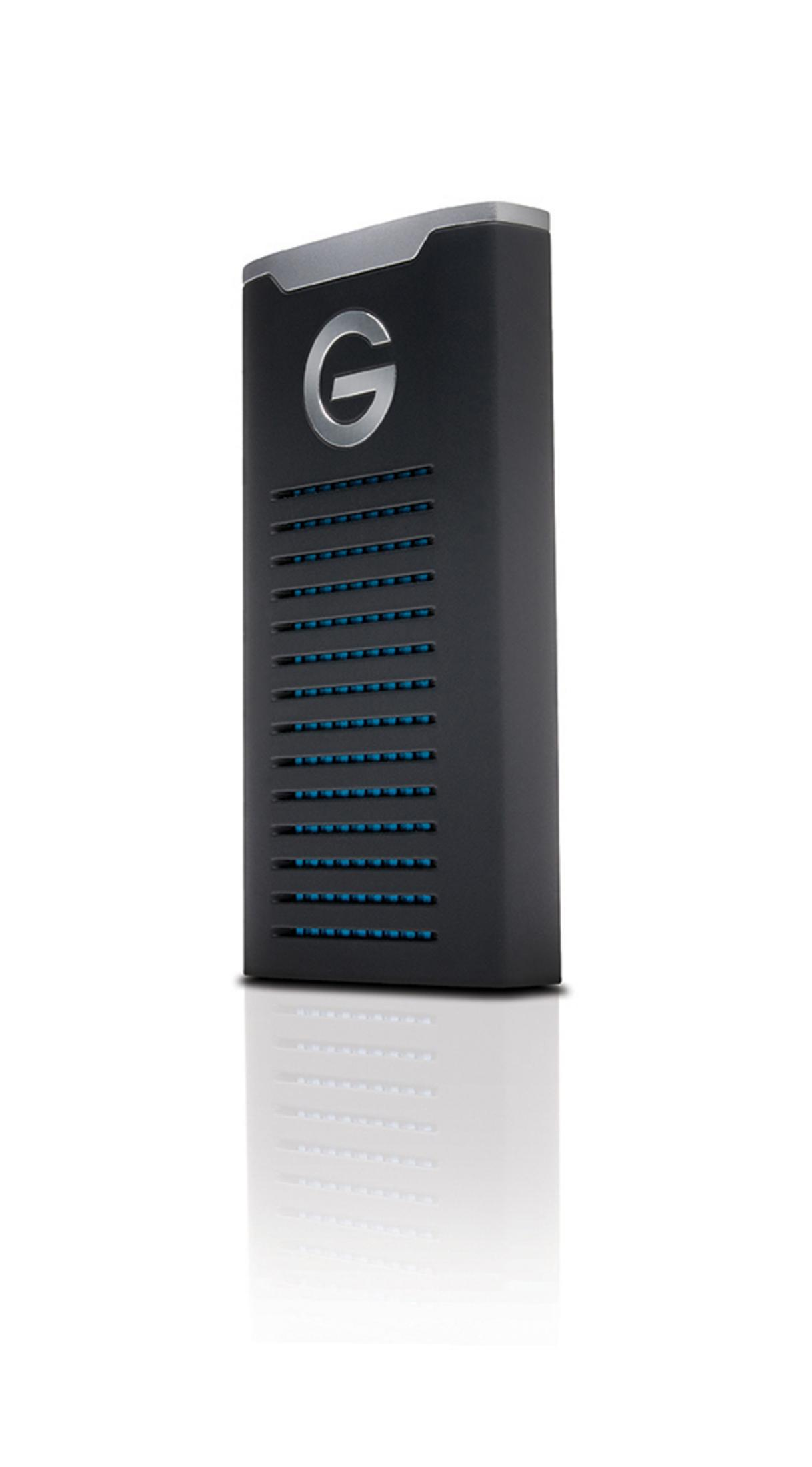 Schwarze externe Festplatte von G-Technology mit blauen Akzenten und silberner Oberseite.