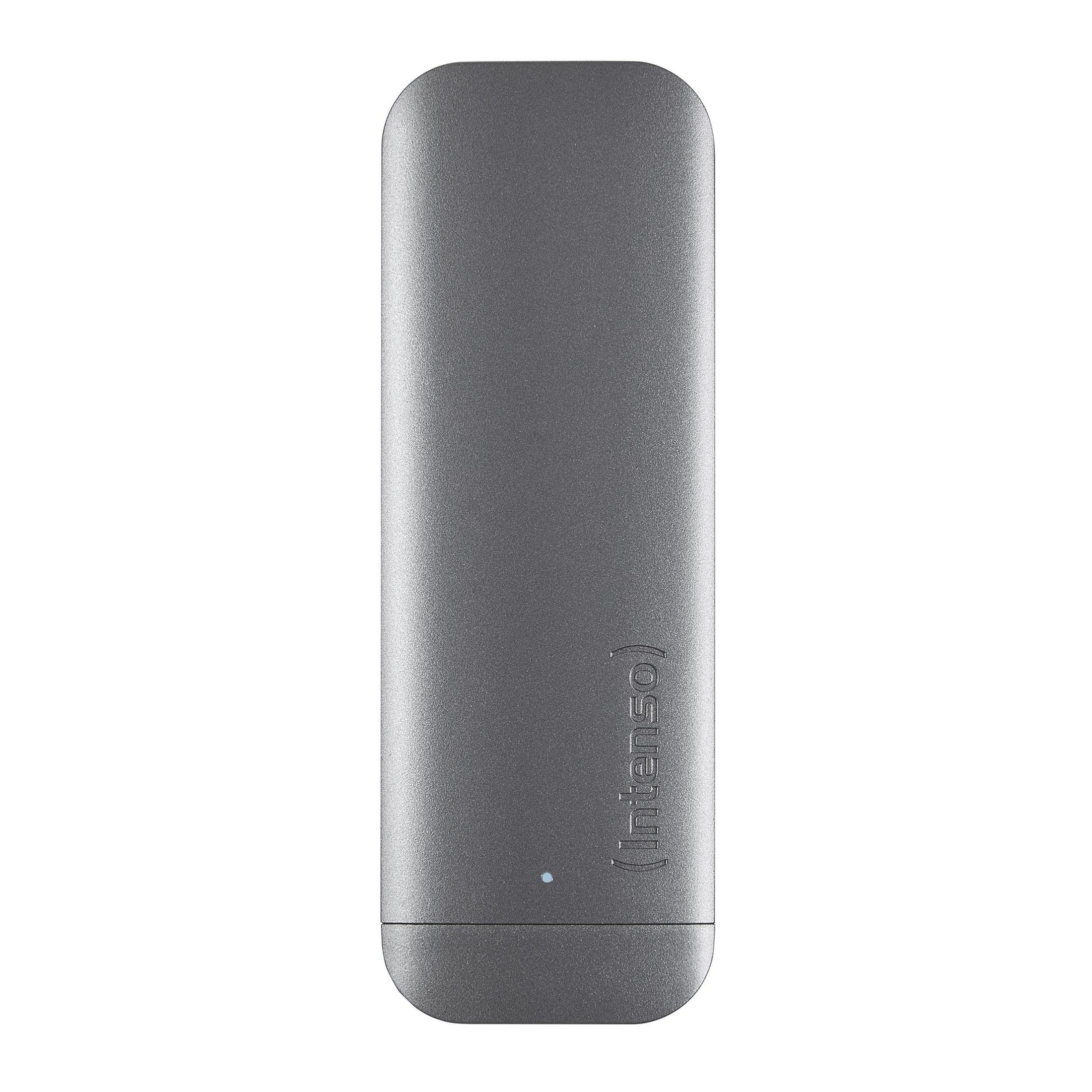 Eine graue Powerbank mit dem Wort "(intenso)" von oben fotografiert.