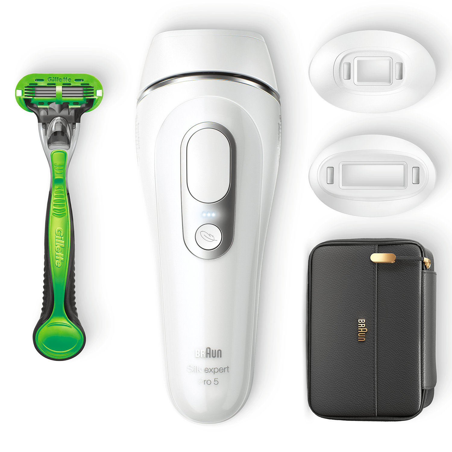 Epilatore Braun Silk expert Pro 5, rasoio verde, due testine e una custodia nera.