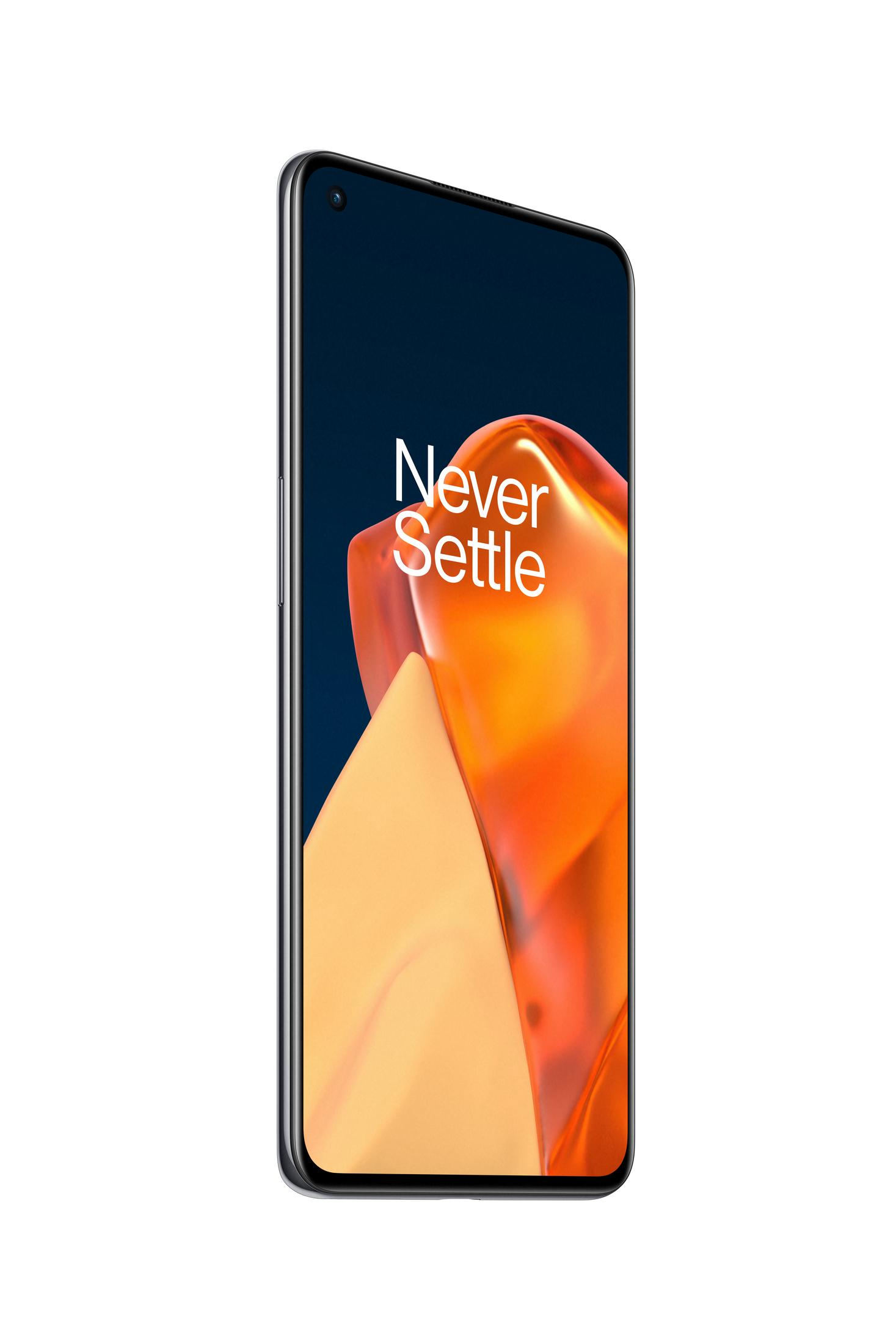 Een smartphone met groot scherm toont een oranje en gele abstracte afbeelding. De telefoon is zwart.