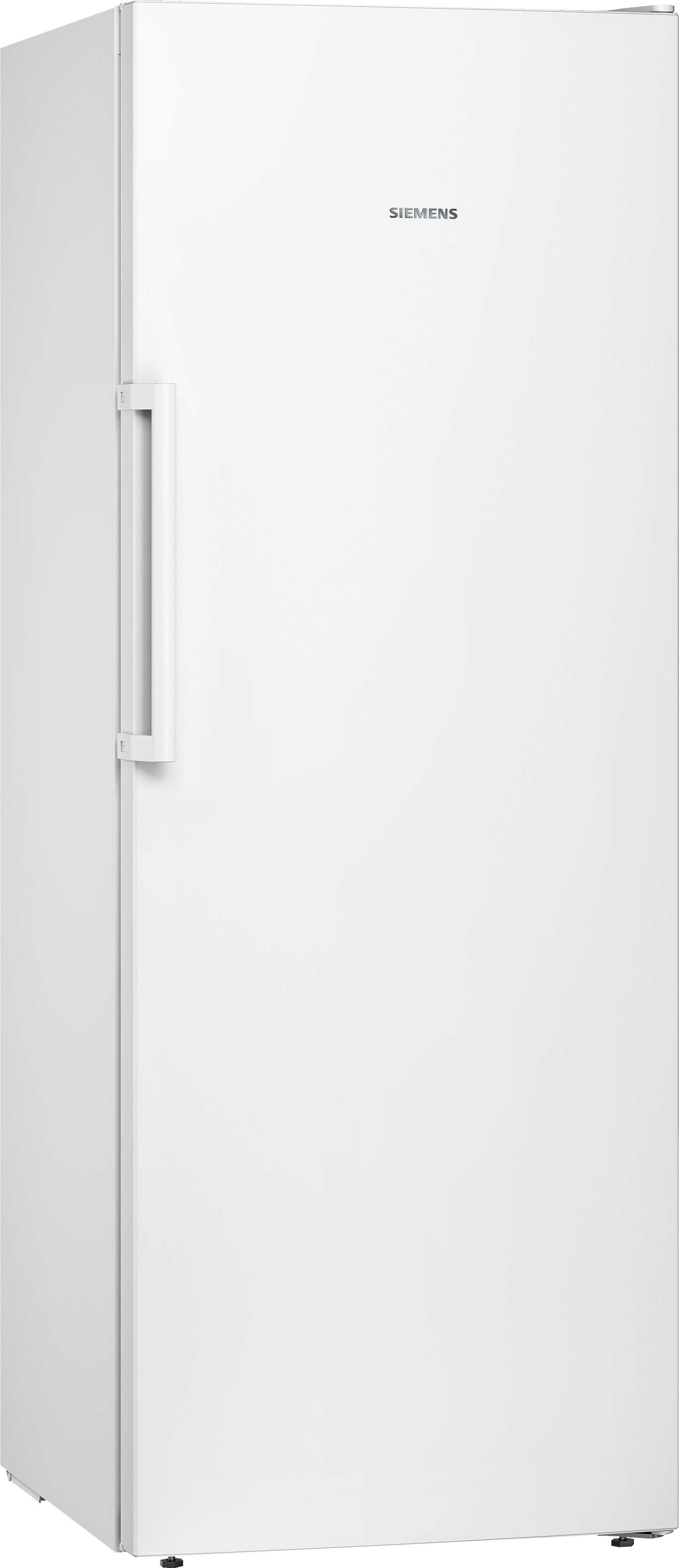 Ein weißer, freistehender Kühlschrank mit einem Griff auf der linken Seite. Das Siemens-Logo ist sichtbar.