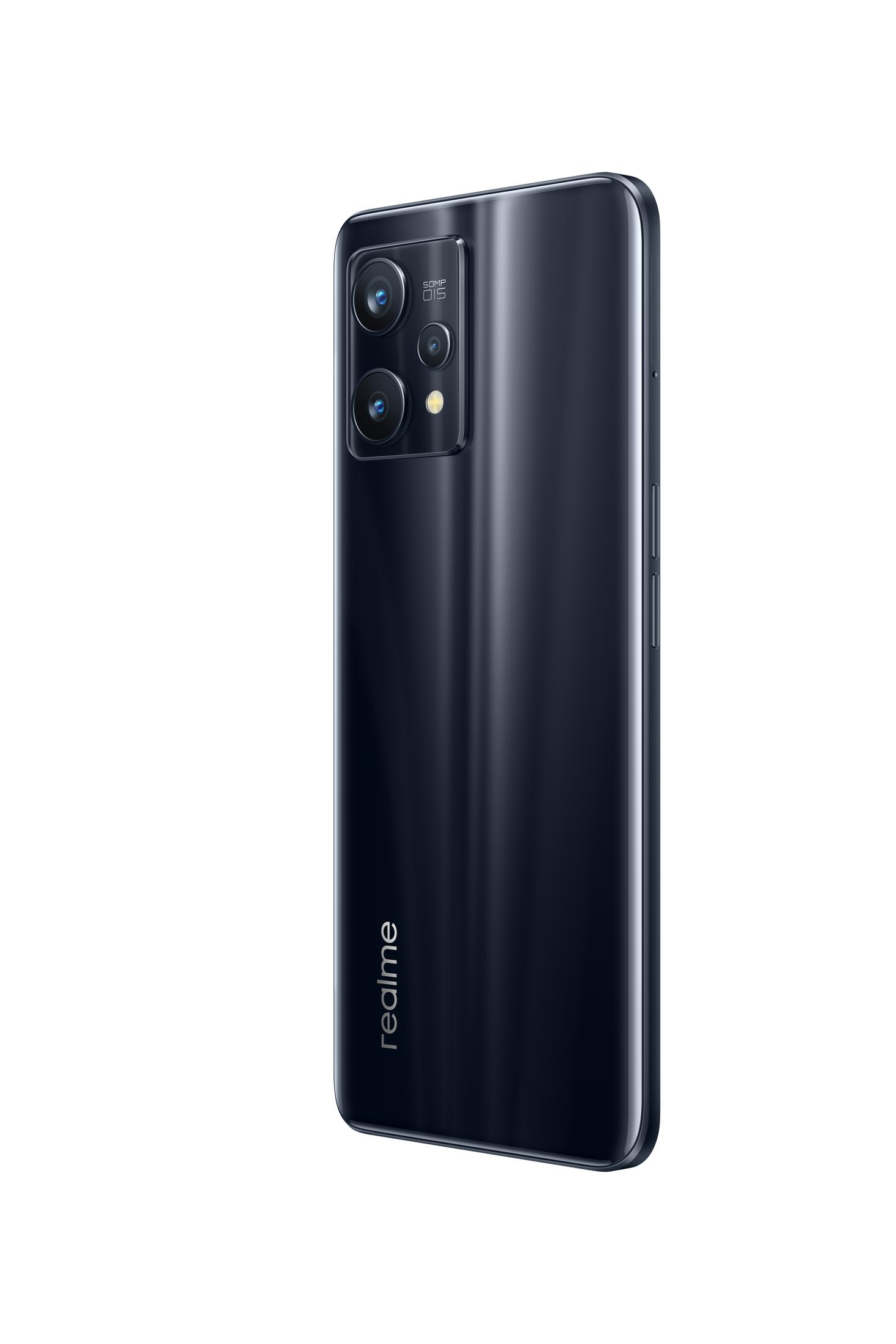 Smartphone Realme nero con modulo fotocamera e il marchio 'realme' in basso su sfondo bianco.