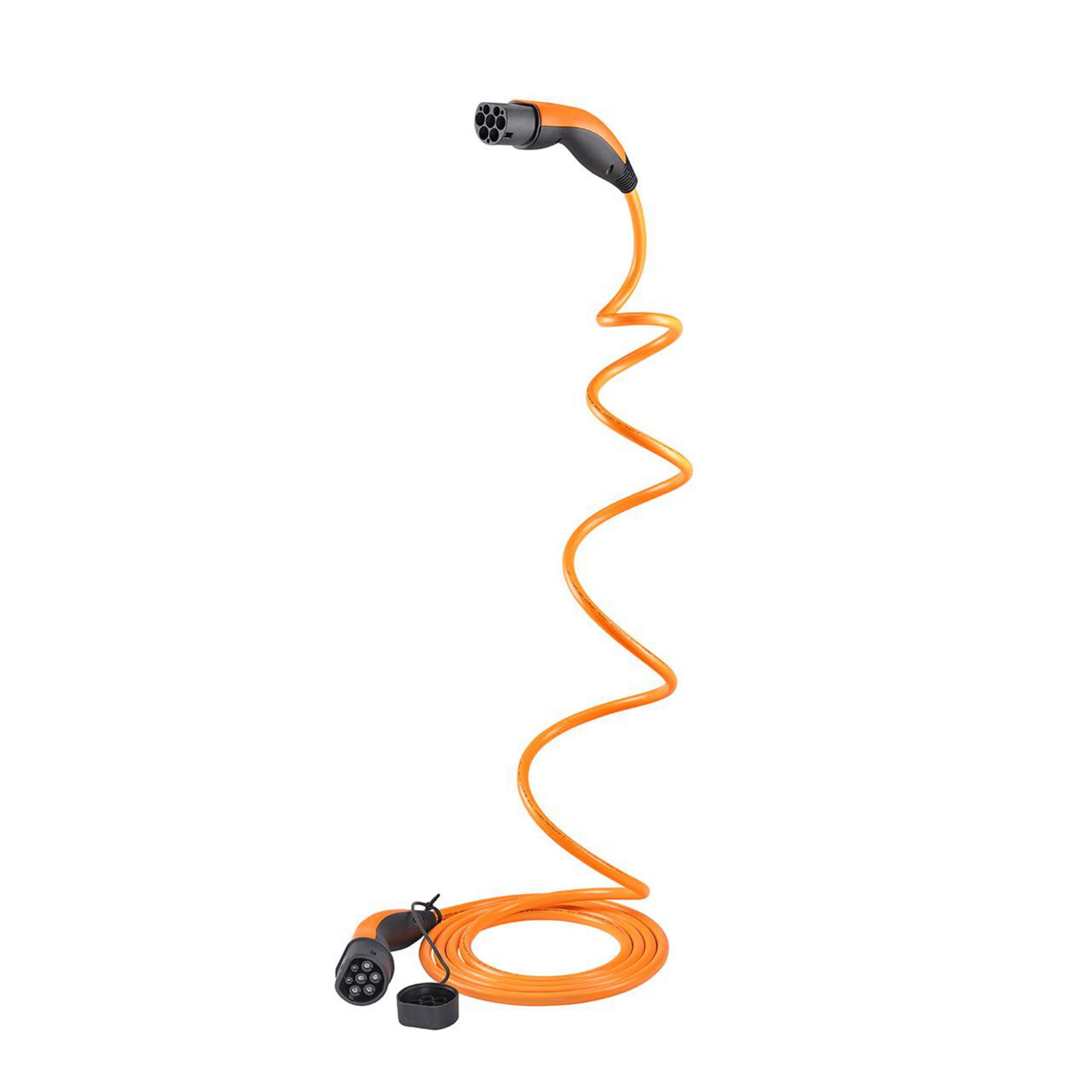 Oranges Ladekabel für Elektrofahrzeuge mit zwei Anschlüssen.