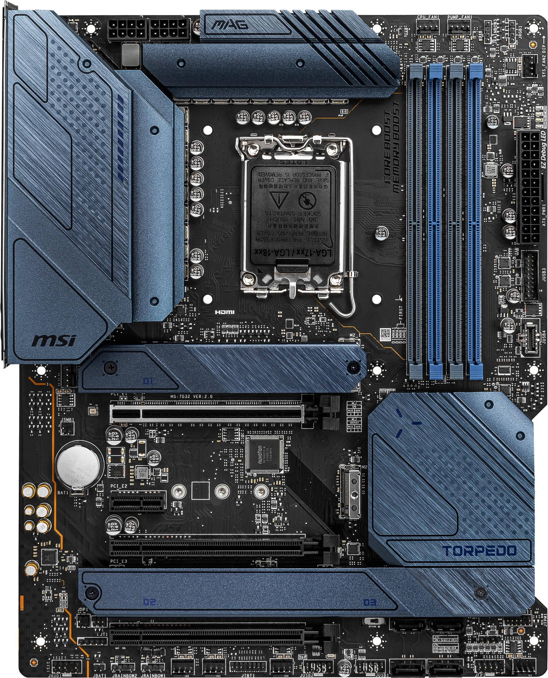 Eine Draufsicht auf ein schwarzes und blaues MSI MAG Torpedo Motherboard mit verschiedenen Komponenten.